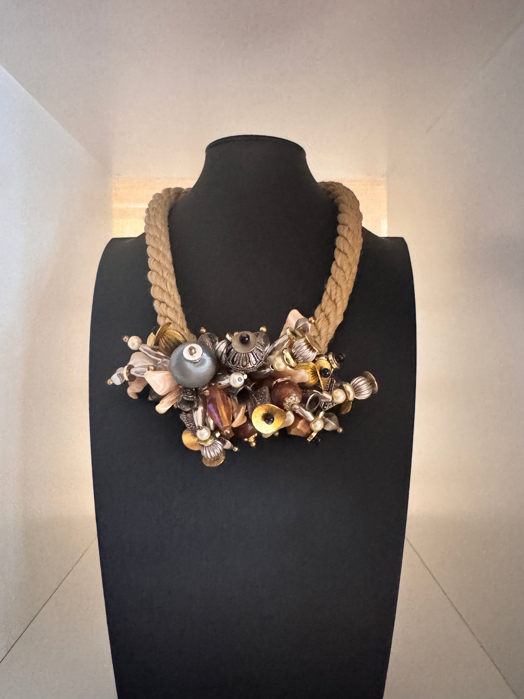 Vintage Mixed Media Nautical Rope Statement Necklace