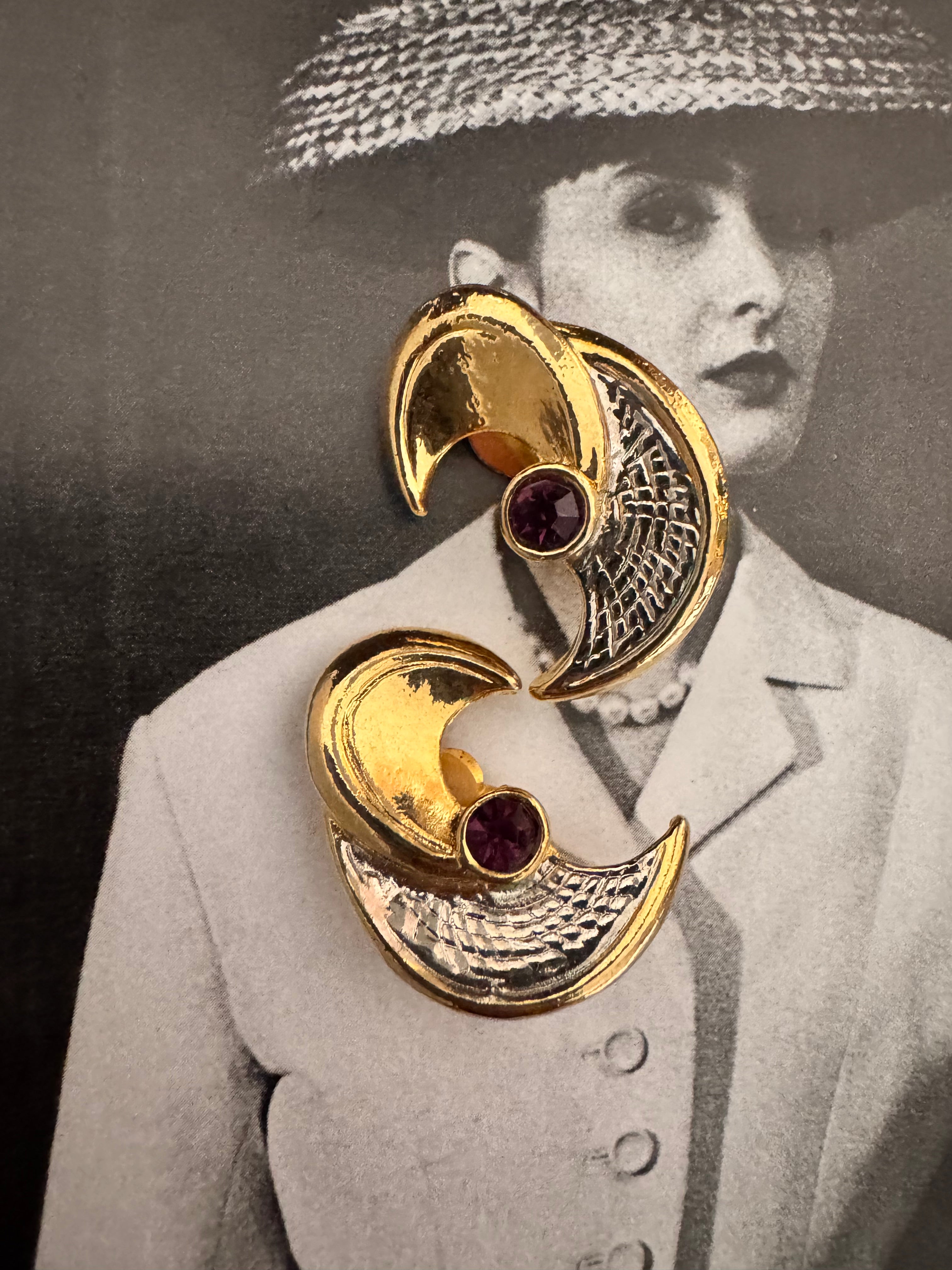 Vintage Bi-Color Gold & Silver Sculptural Crescent Earrings