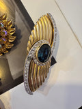 Vintage Blue Stone Gold Feather Brooch