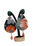 Vintage Floral Fabric Drop Earrings with Green Cabochon