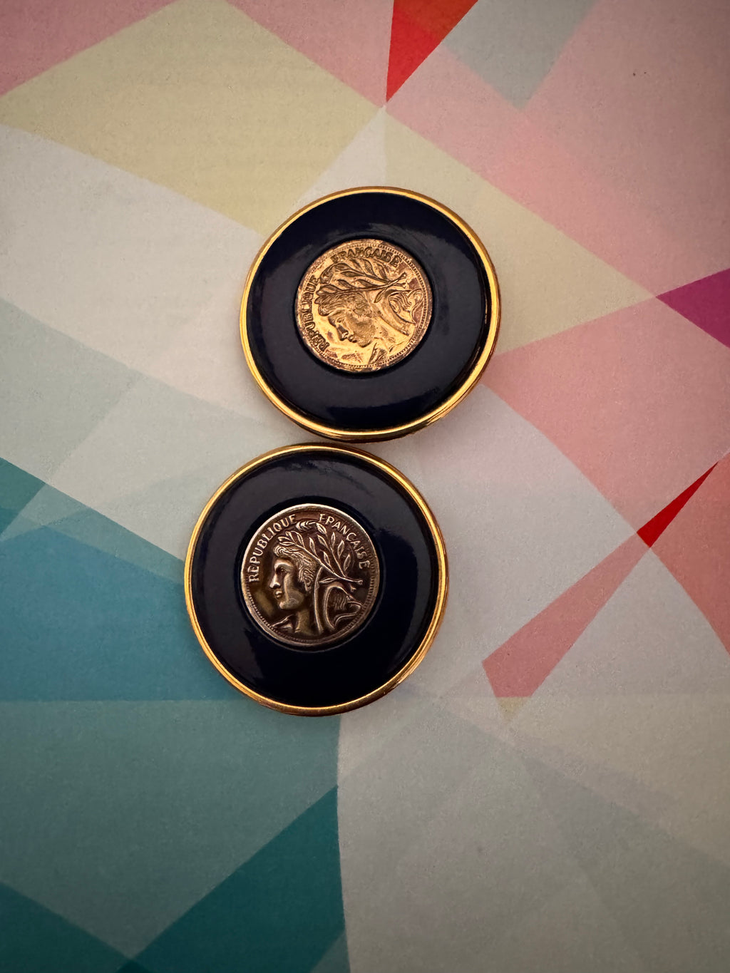 Vintage Oversized French Coin Medallion Enamel Earrings
