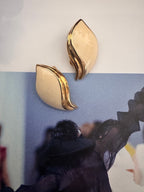 Vintage Cream Enamel Leaf Clip-On Earrings