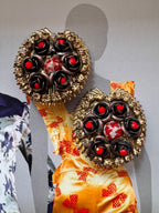 Vintage Golden Sunburst Red Rosette Earrings
