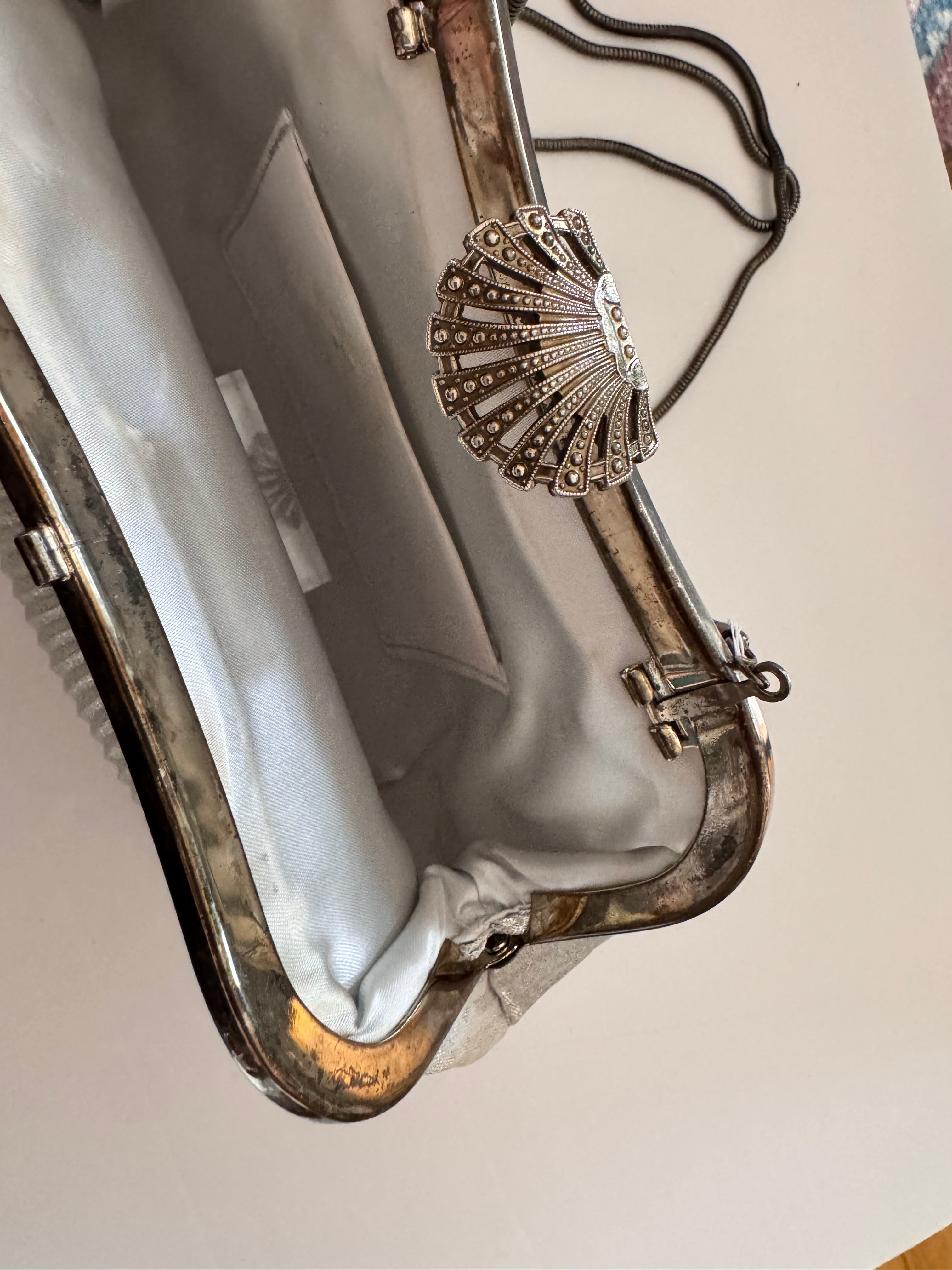 Vintage Silver Lamé Pleated Evening Bag with Marcasite Clasp
