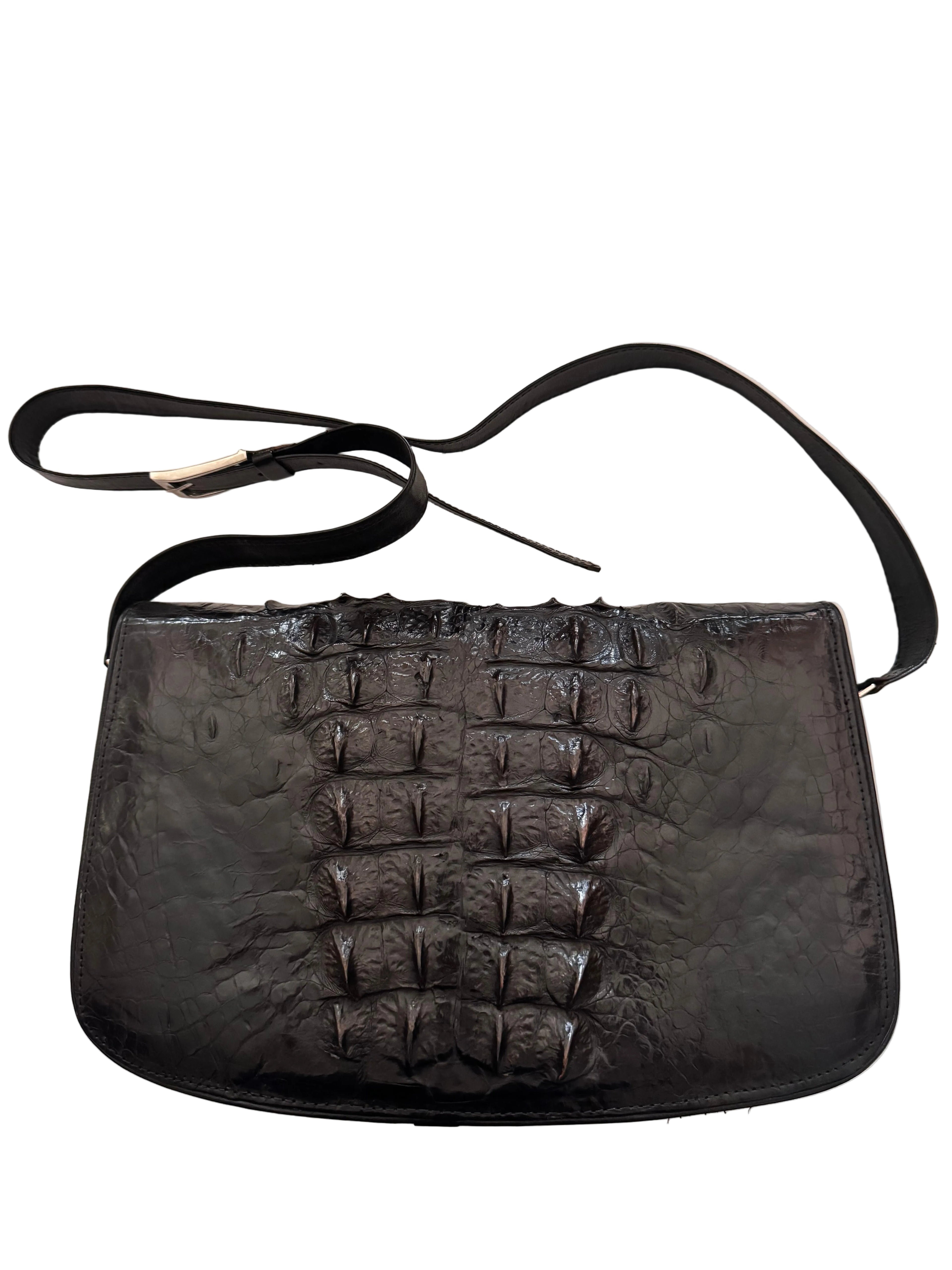 Vintage Rare Jumbo Genuine Hornback Crocodile Leather Shoulder Bag