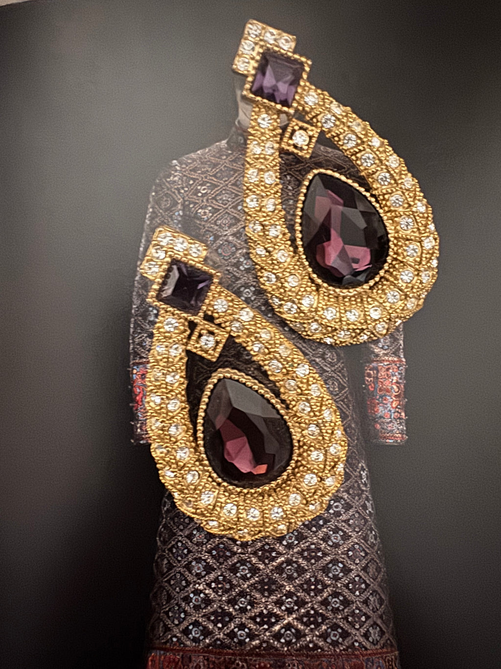 Vintage Amethyst Glass Rhinestone Statement Clip-On Earrings