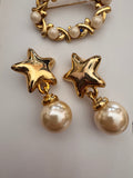 Vintage Hollywood Regency Gold Star & Faux Pearl Drop Earrings