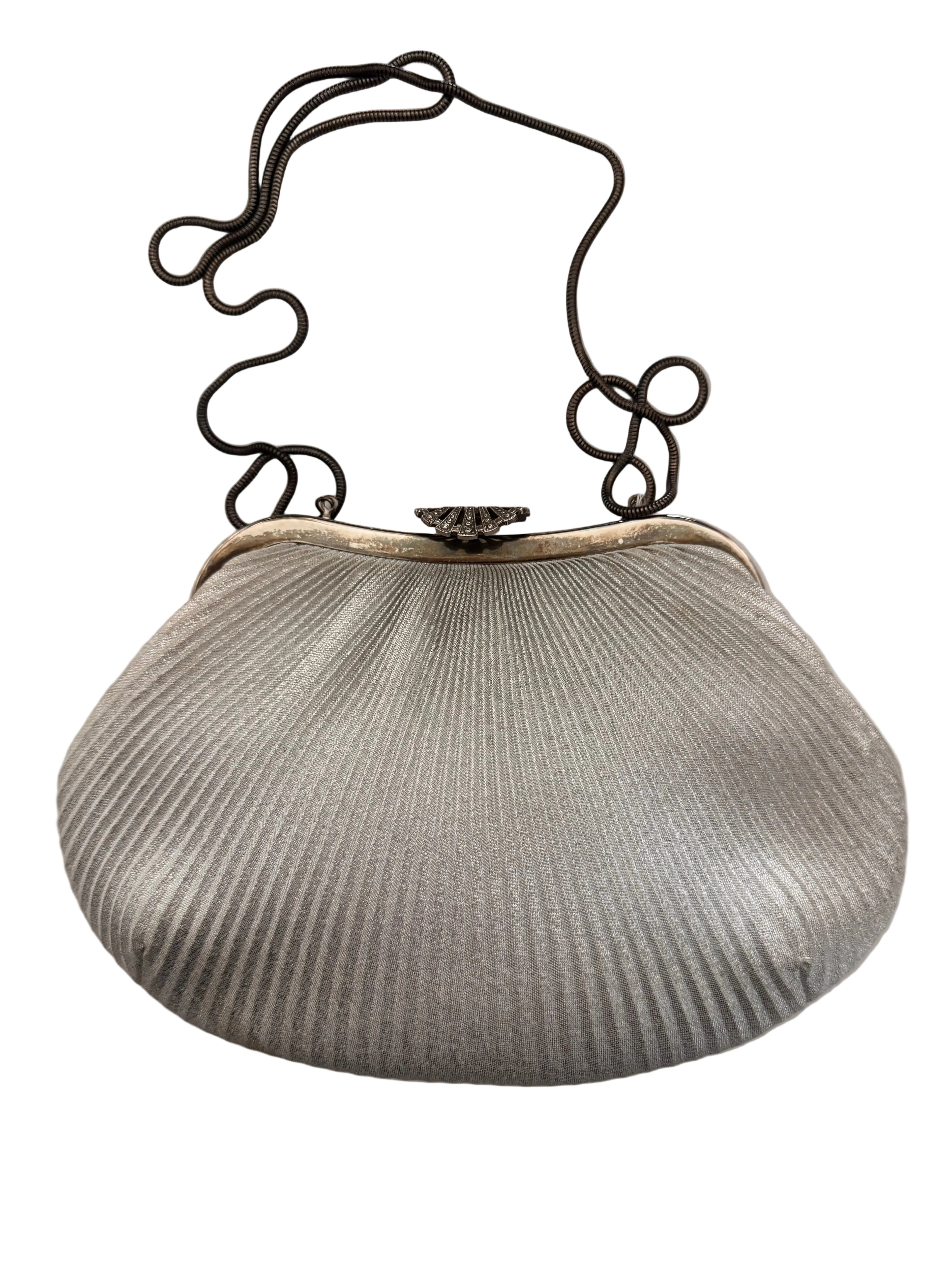 Vintage Silver Lamé Pleated Evening Bag with Marcasite Clasp