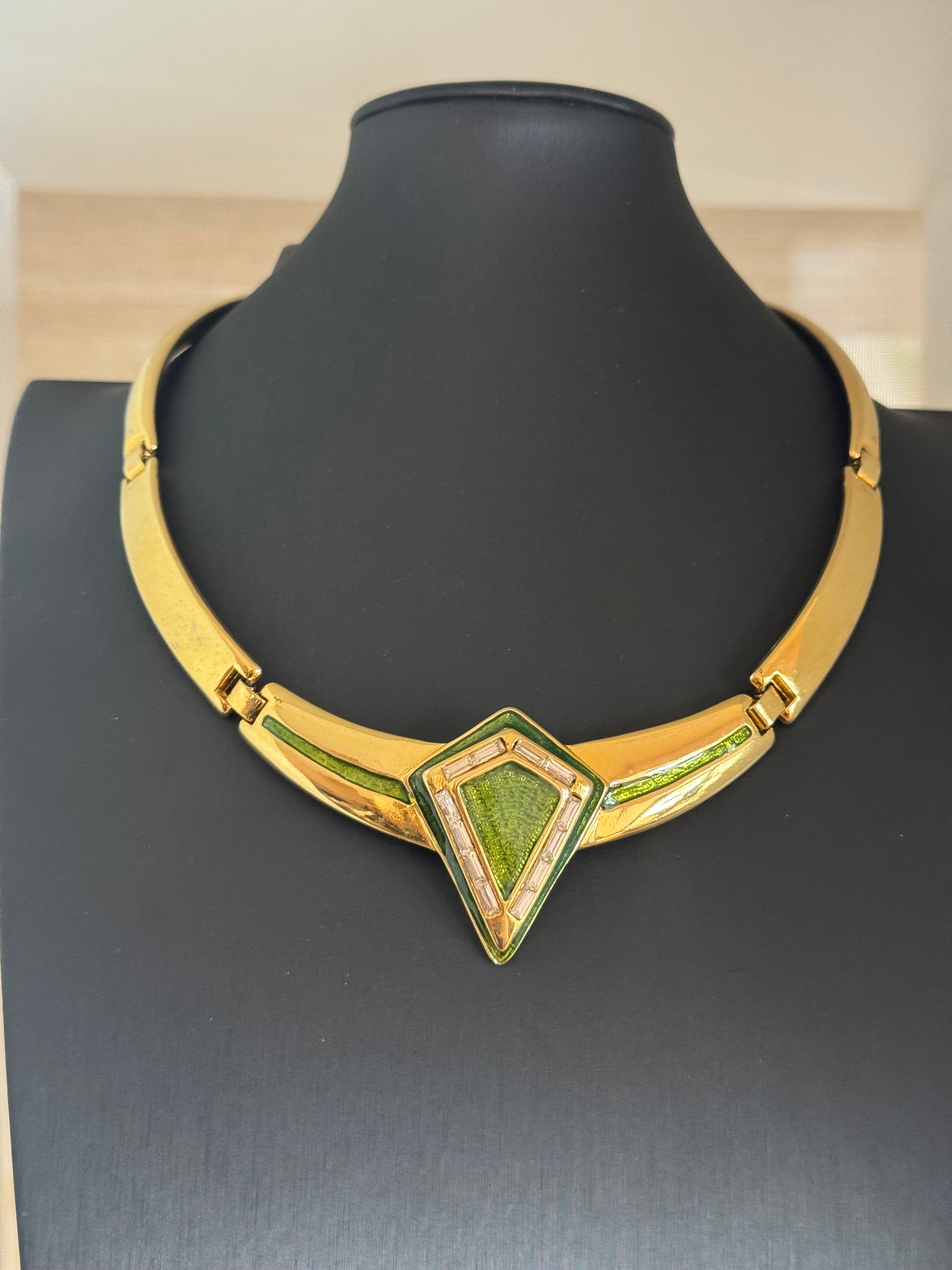 Vintage Art Deco Revival Green Geometric Statement Necklace