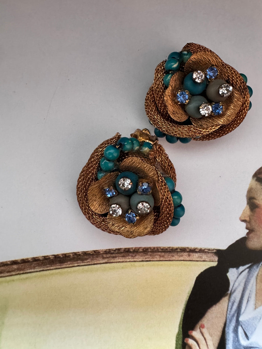 Vintage Mid-Century Mesh & Turquoise Floral Earrings