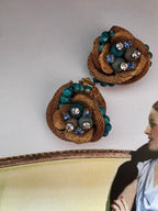 Vintage Mid-Century Mesh & Turquoise Floral Earrings