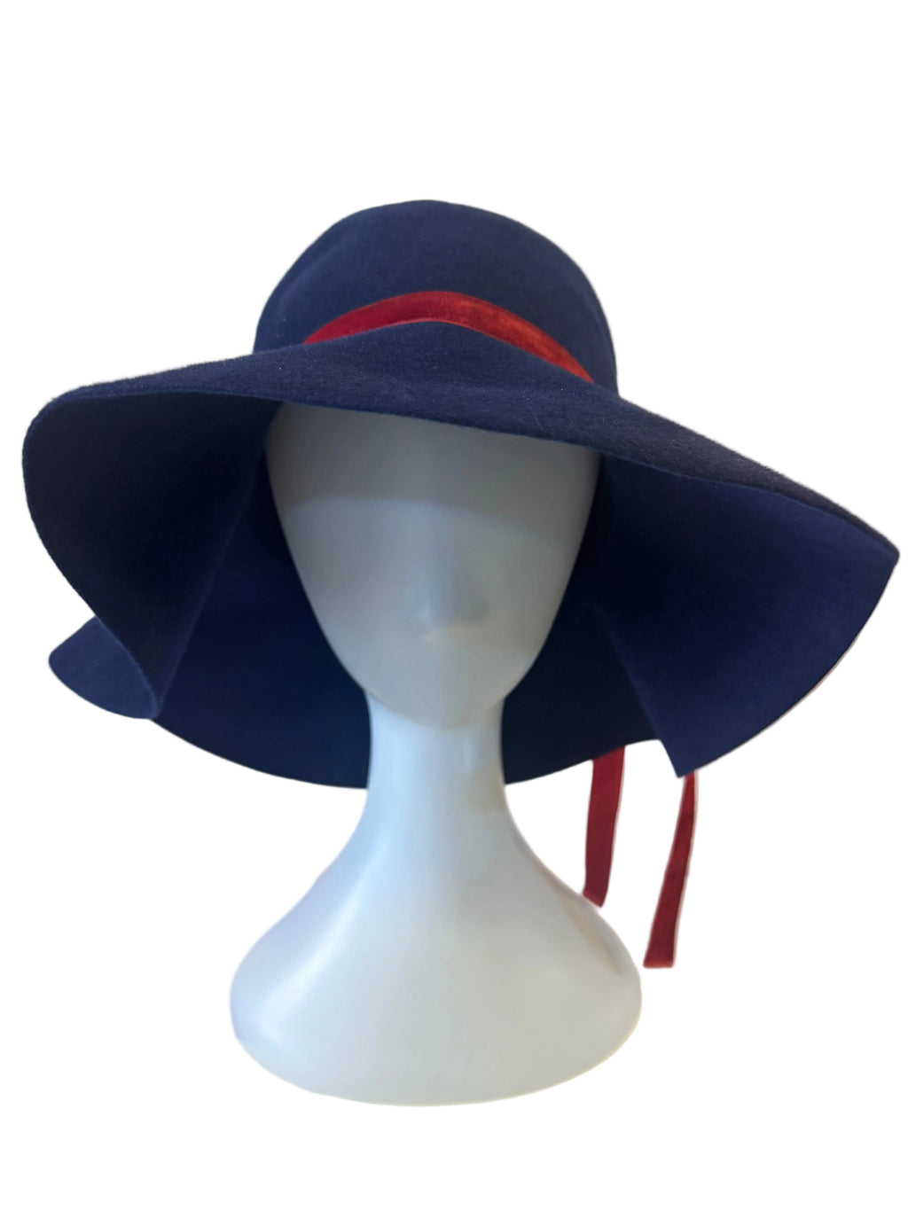 Vintage Navy Blue Wide-Brim Winter Hat with Red Velvet Ribbon