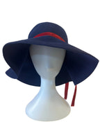 Vintage Navy Blue Wide-Brim Winter Hat with Red Velvet Ribbon