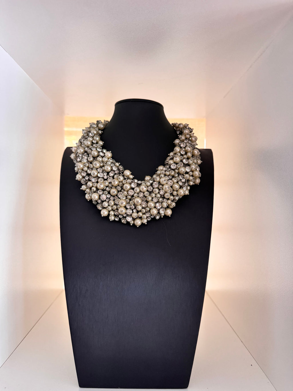 Vintage Faux Pearl and Rhinestone Clusters Bib Necklace