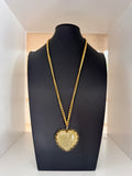 Vintage Gold Filigree & Aventurine Heart Pendant Necklace