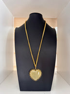 Vintage Gold Filigree & Aventurine Heart Pendant Necklace