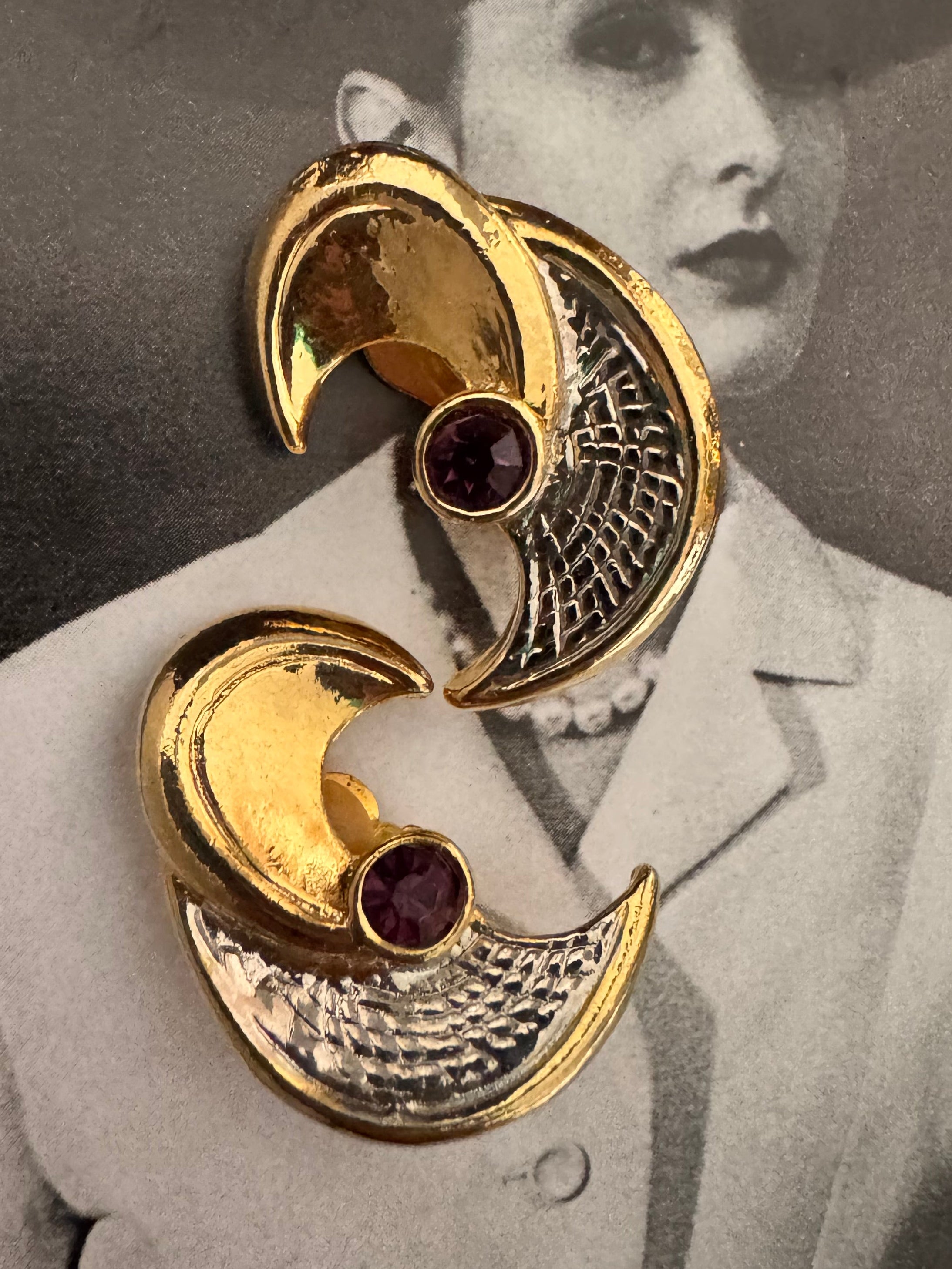 Vintage Bi-Color Gold & Silver Sculptural Crescent Earrings