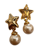 Vintage Hollywood Regency Gold Star & Faux Pearl Drop Earrings