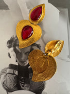 Vintage Yves Saint Laurent Gold Plated Red Cabochon Statement Earrings