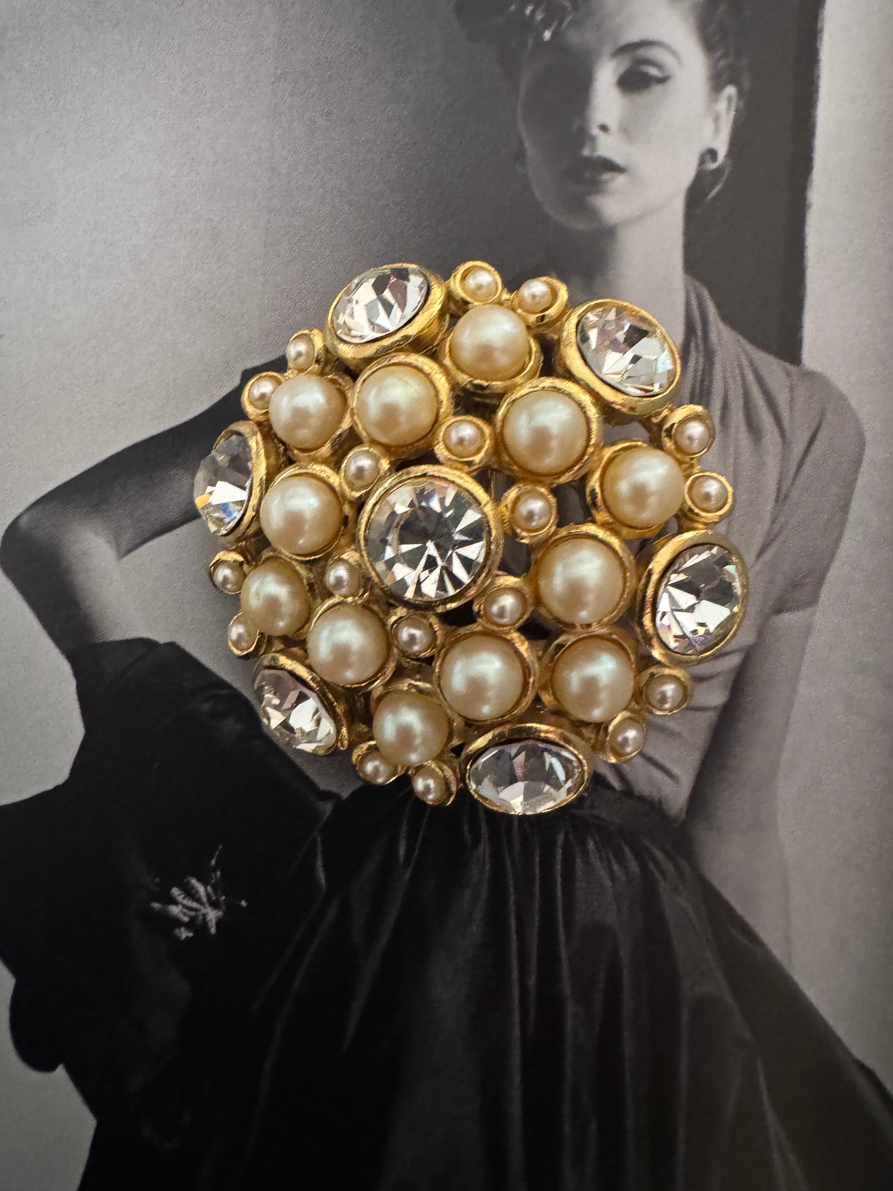 Vintage Pearl & Crystal Cluster Brooch Hollywood Glam