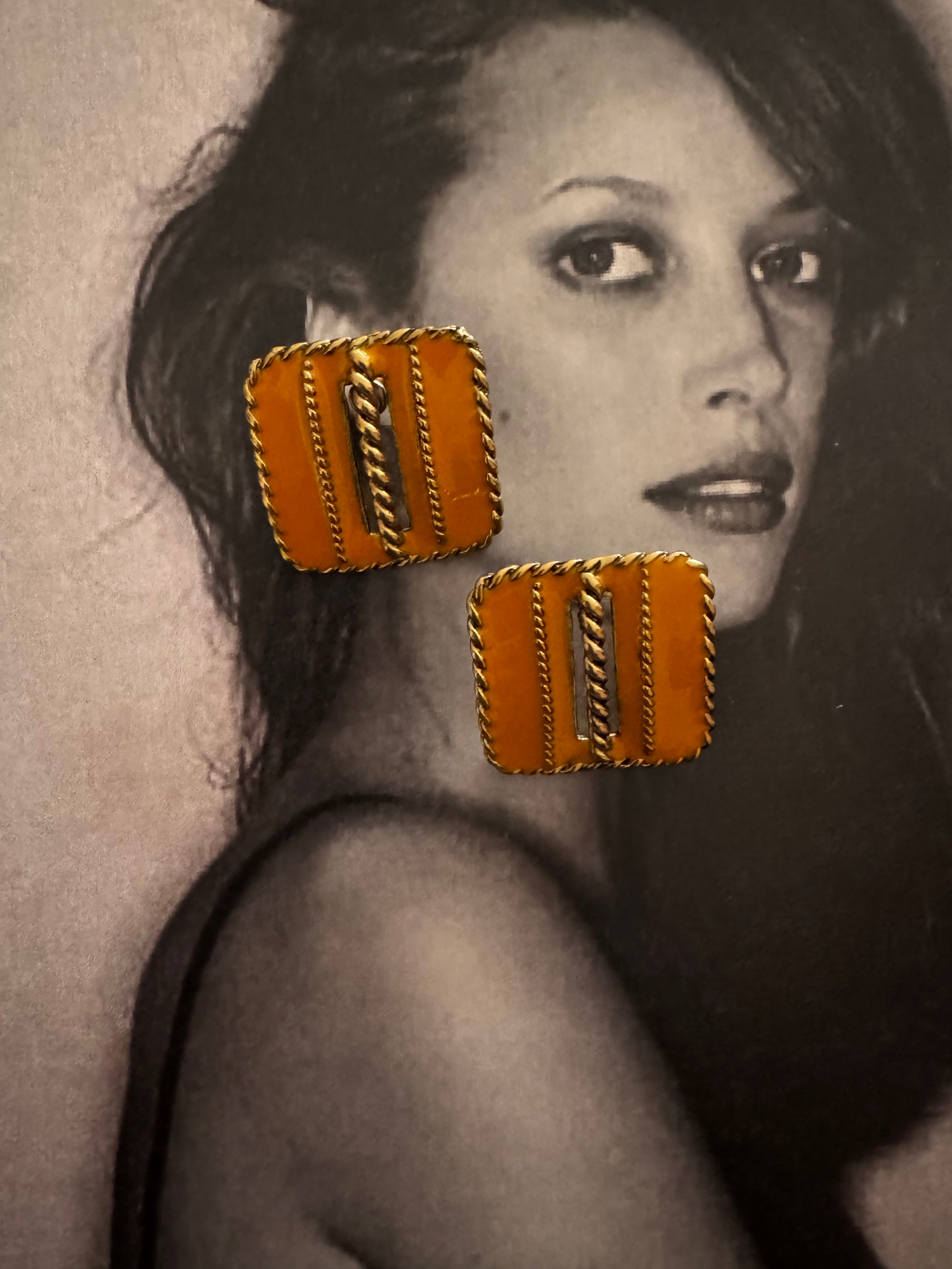 Vintage Retro Gold and Enamel Square Earrings