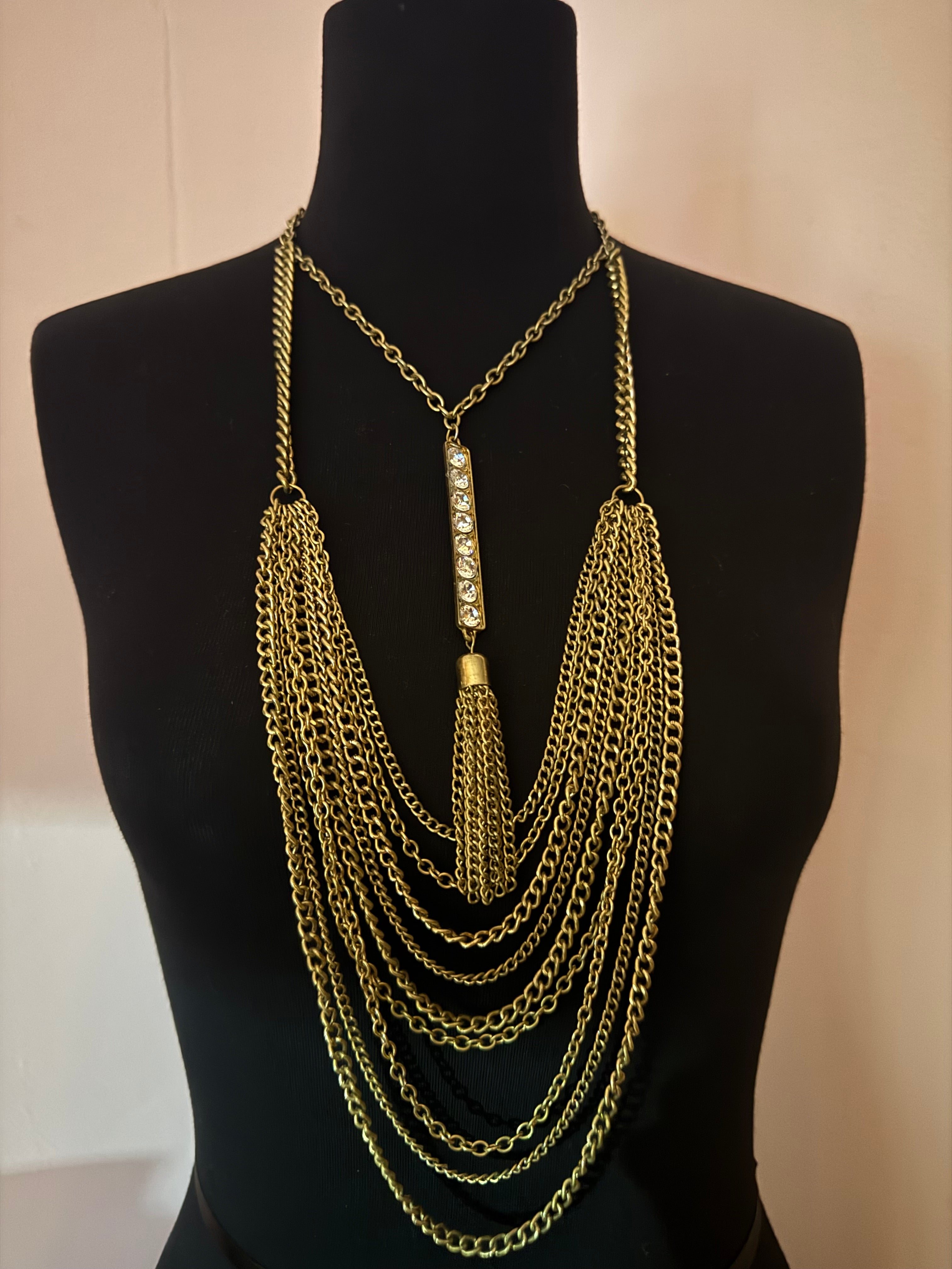 Vintage Gold Tone Multi Chain Tassel Statement Necklace