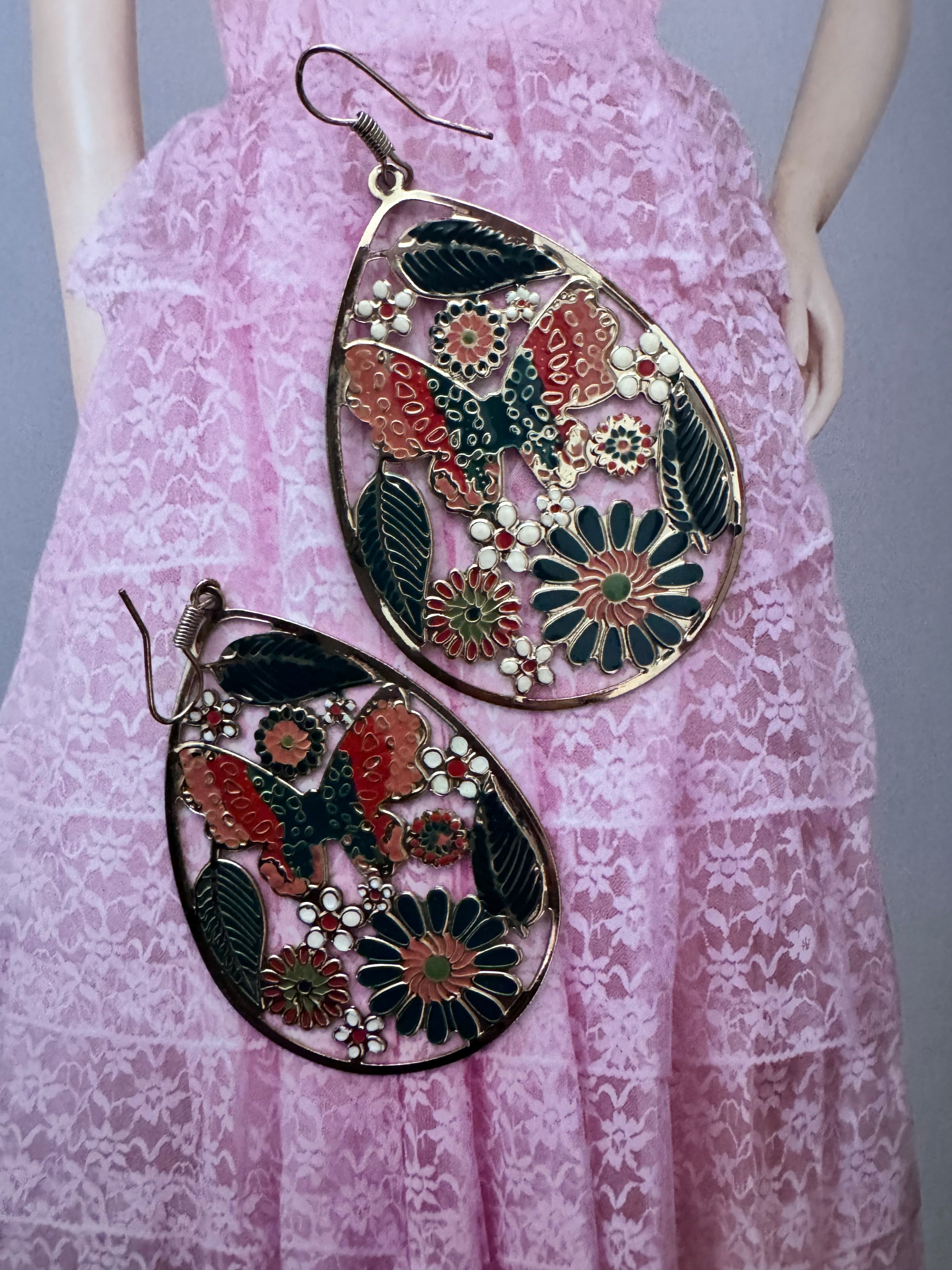 Vintage Folk Art Enamel Floral Drop Earrings
