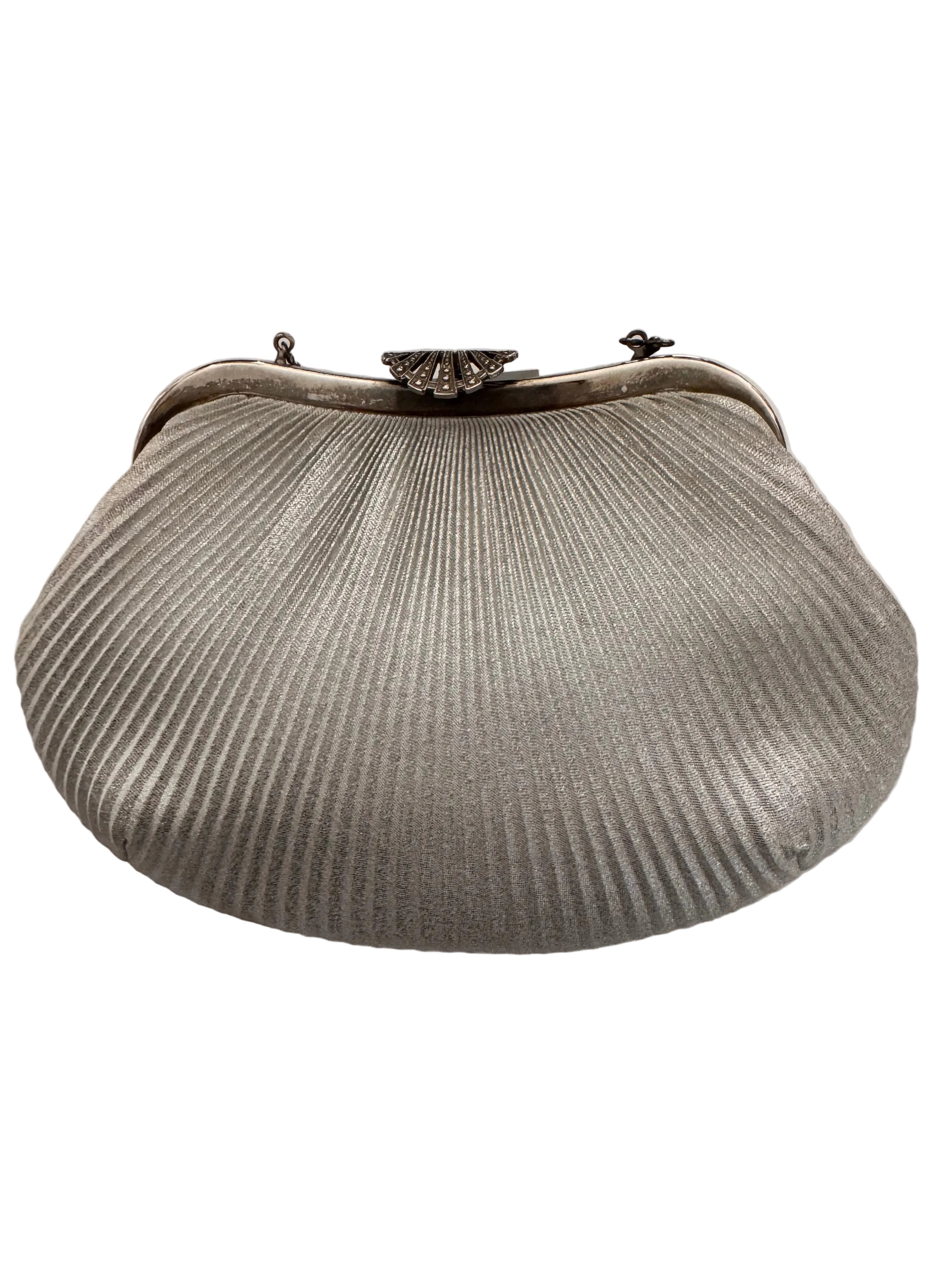 Vintage Silver Lamé Pleated Evening Bag with Marcasite Clasp
