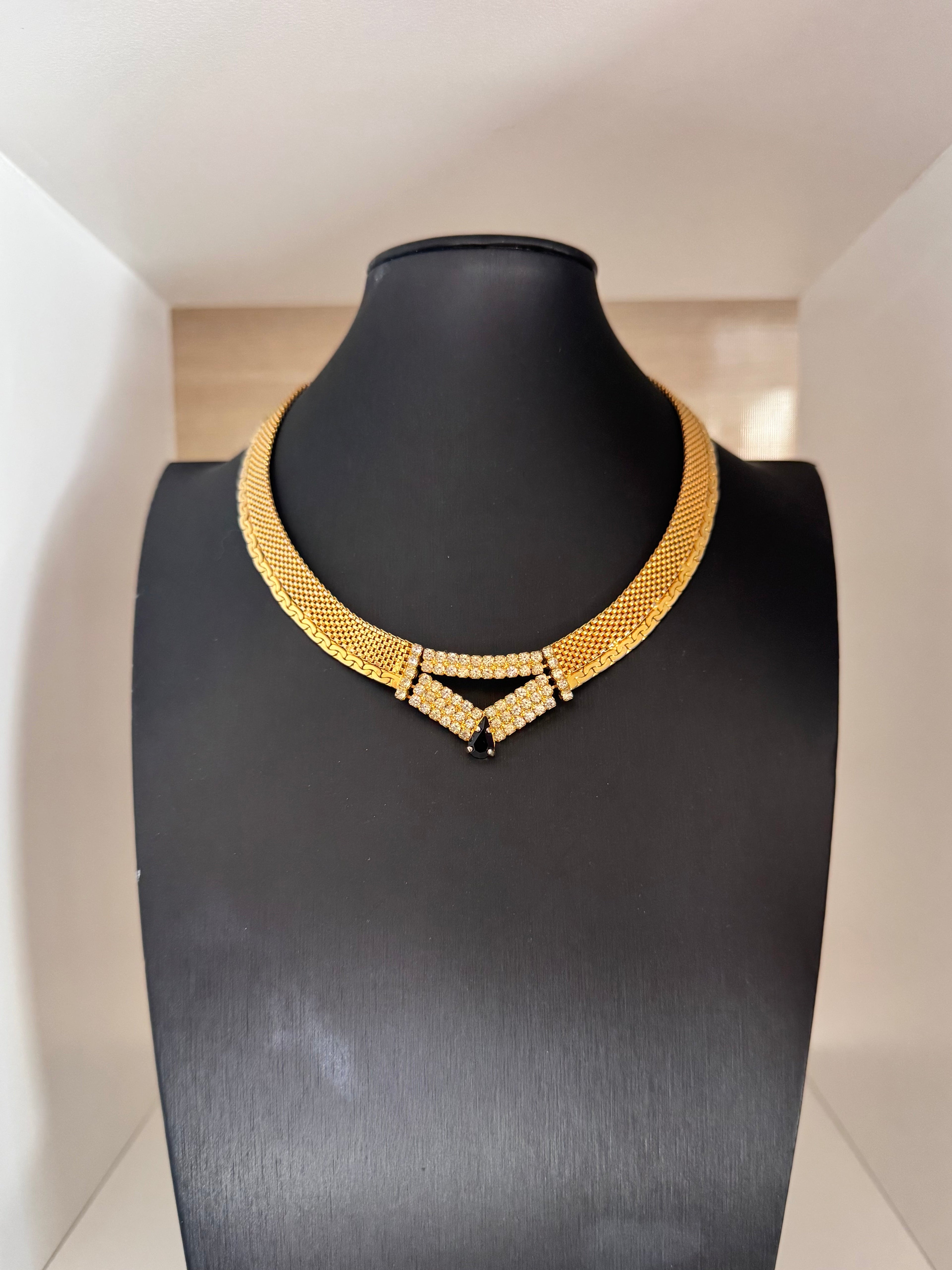 Vintage Gold Plated Mesh Crystal Collar Necklace