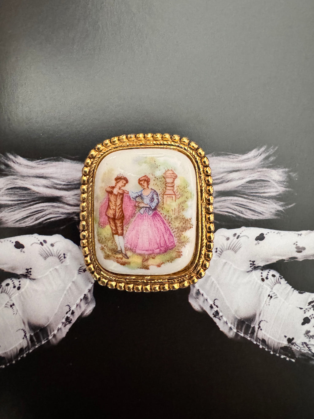 Vintage Porcelain Romantic Scene Brooch