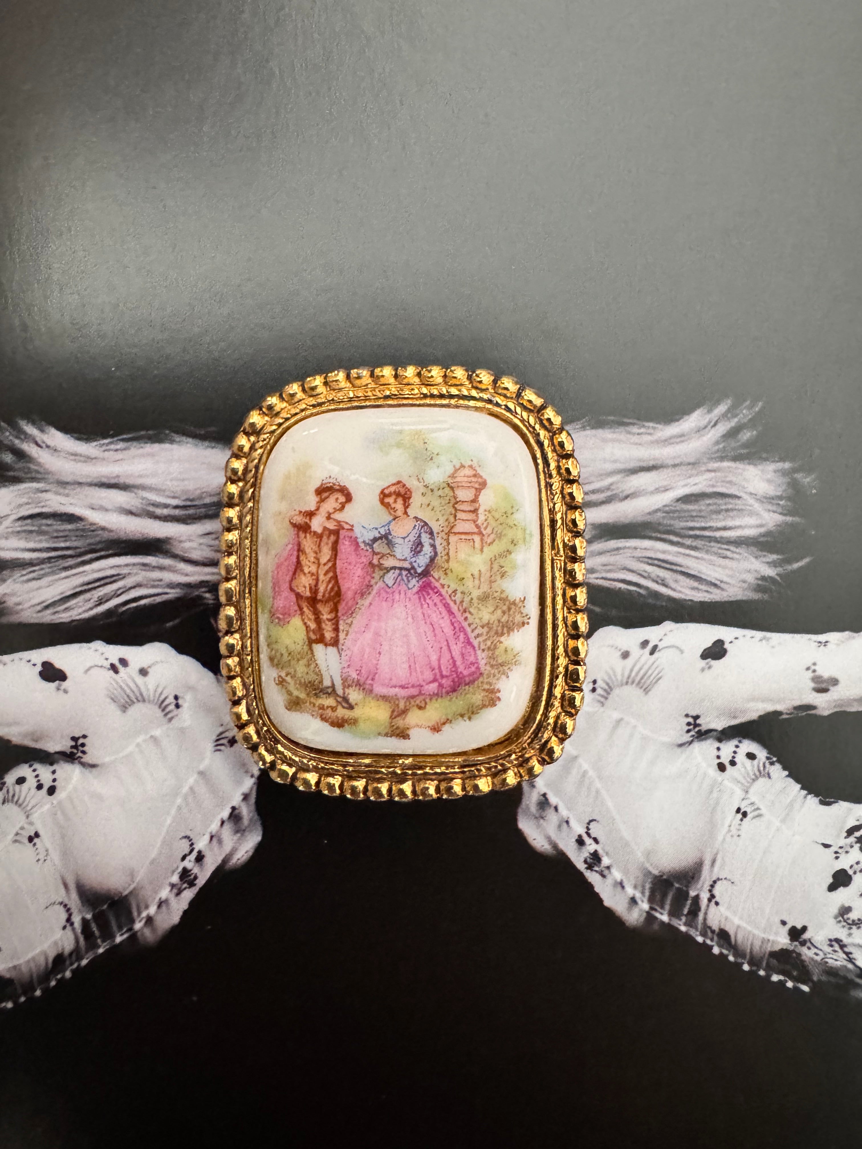 Vintage Porcelain Romantic Scene Brooch