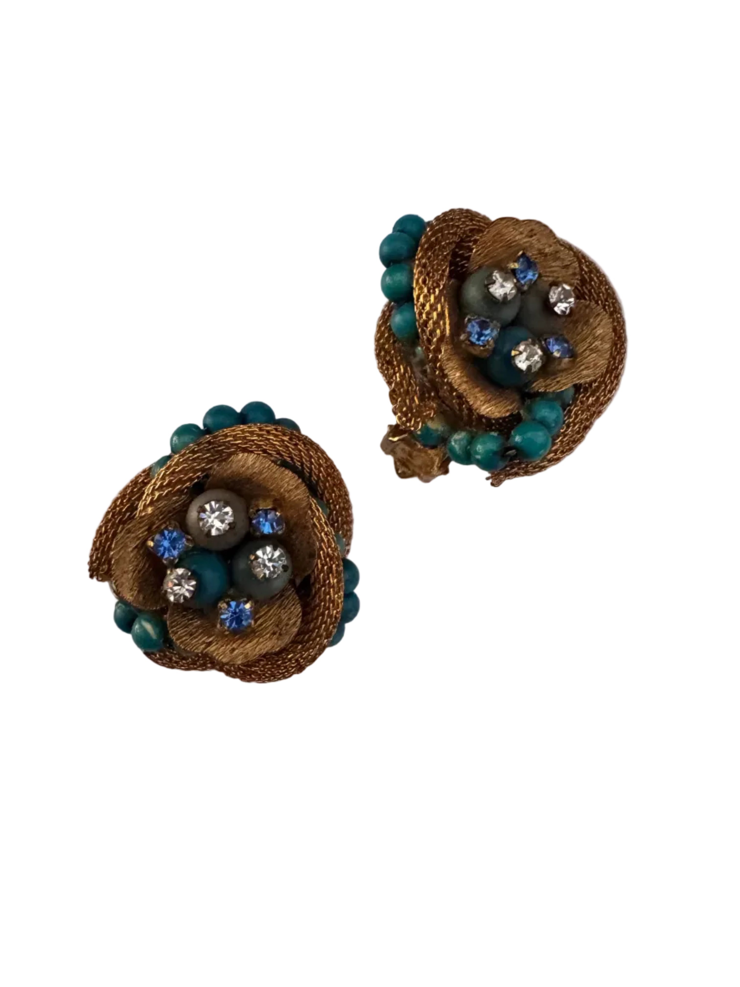 Vintage Mid-Century Mesh & Turquoise Floral Earrings