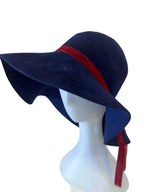 Vintage Navy Blue Wide-Brim Winter Hat with Red Velvet Ribbon