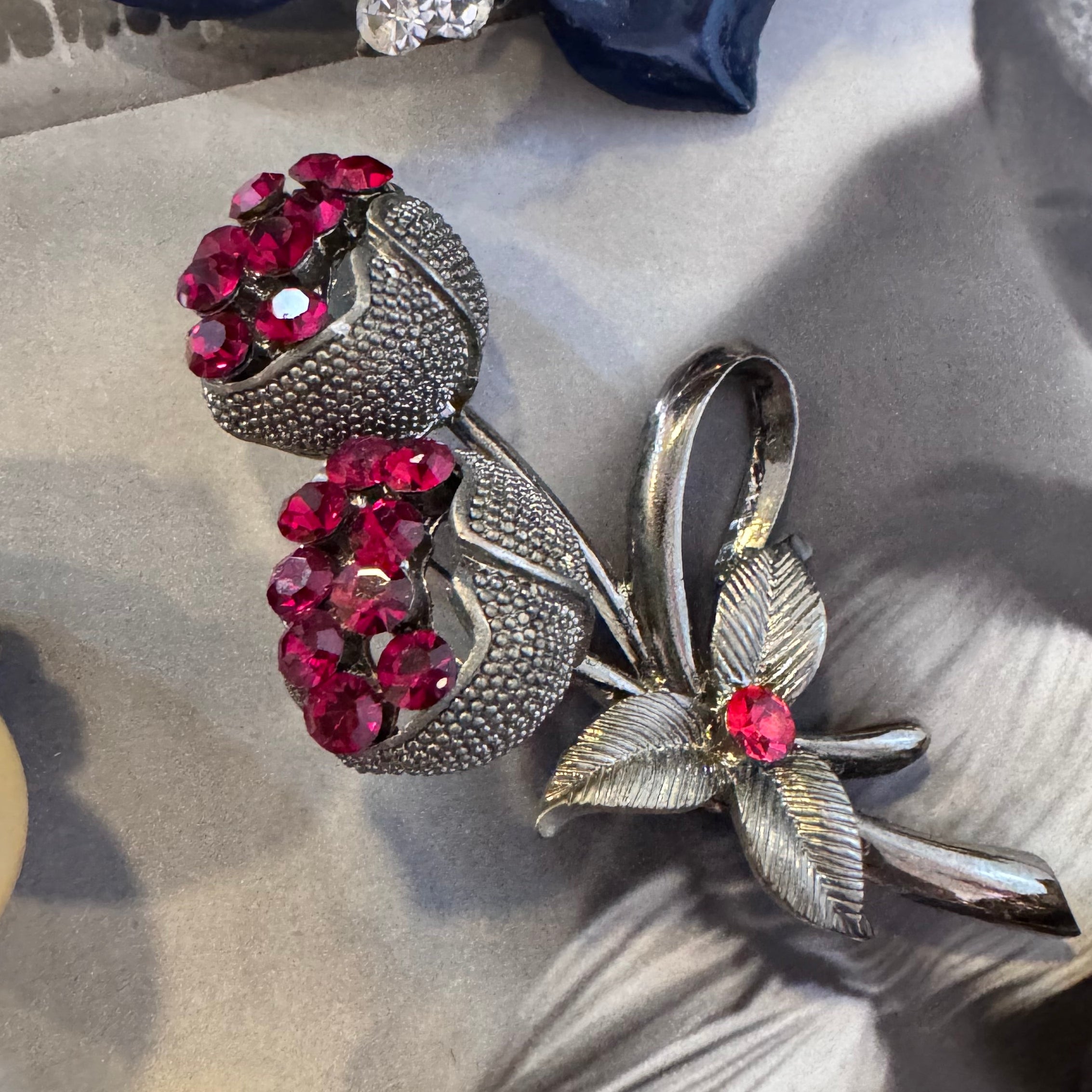 Vintage Ruby Rhinestone Floral Brooch
