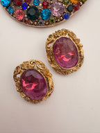 Vintage Baroque Revival Gold & Amethyst Oval Clip-On Earrings