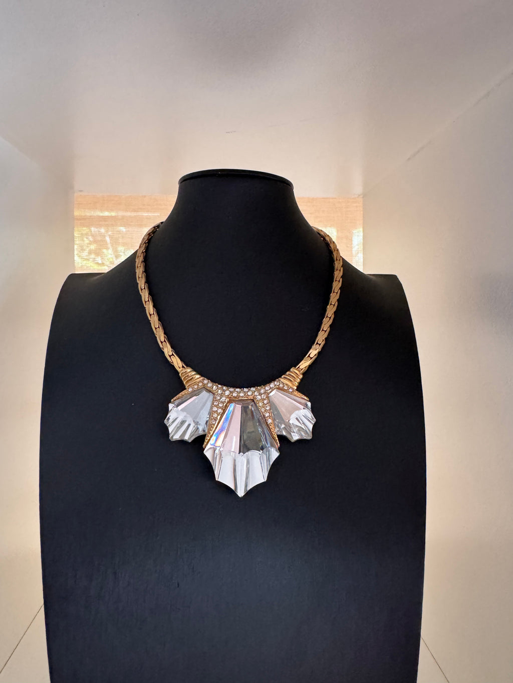 Vintage Art Deco Revival Crystal Fan Statement Necklace