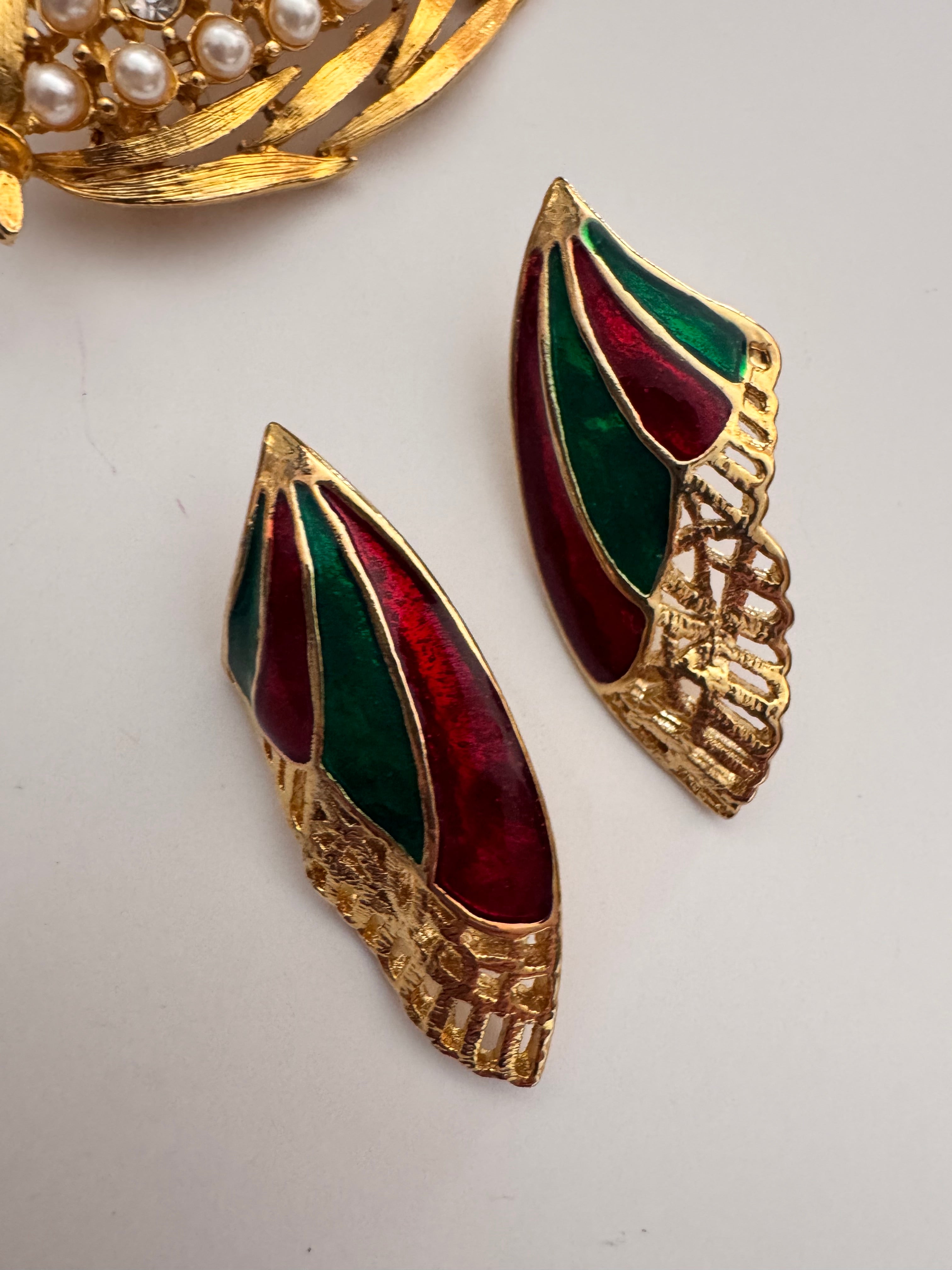 Vintage Art Deco Style Enamel Wing Statement Earrings