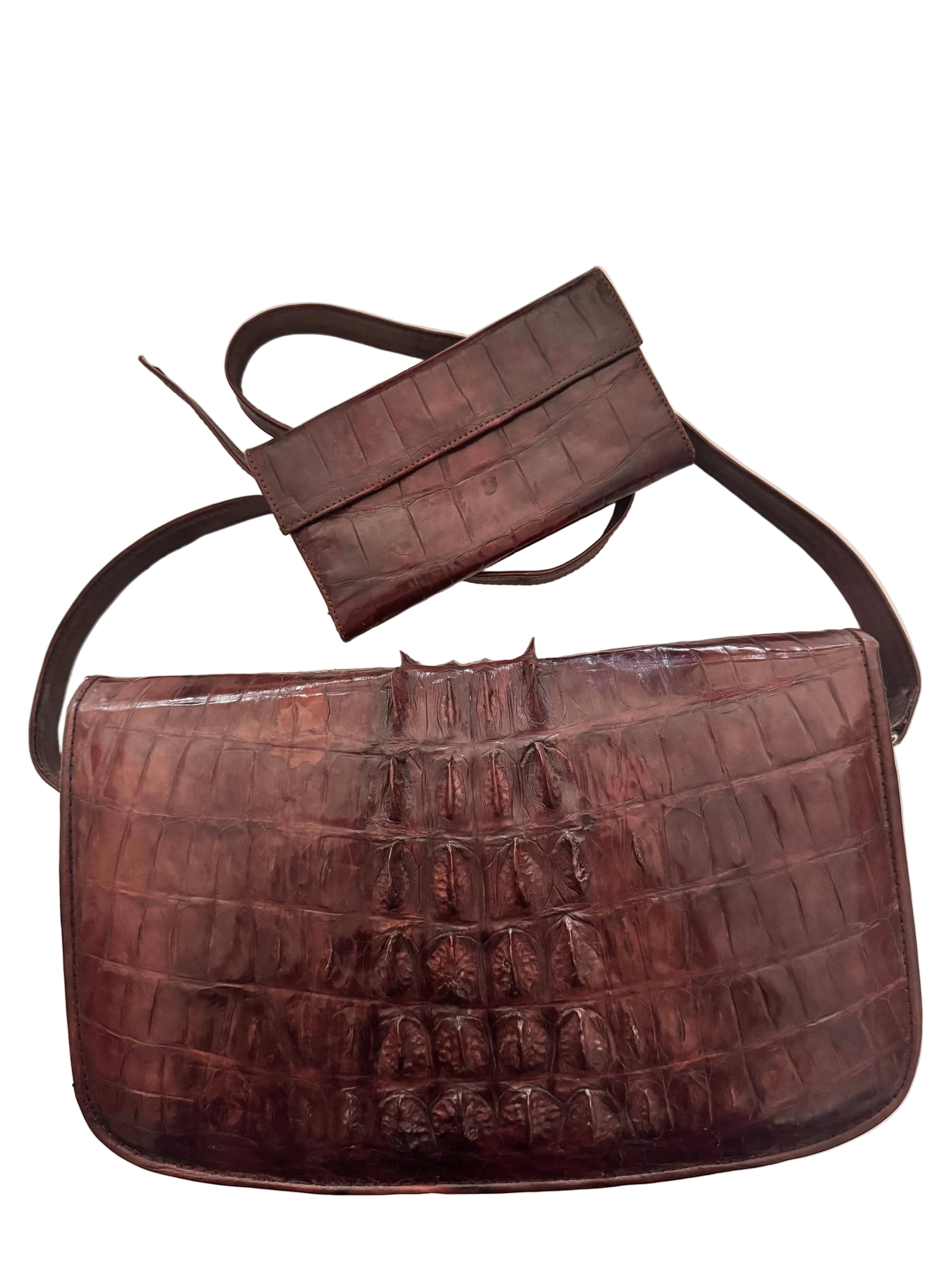 Rare Jumbo Genuine Hornback Crocodile Leather Shoulder Bag and Matching Pouch Set