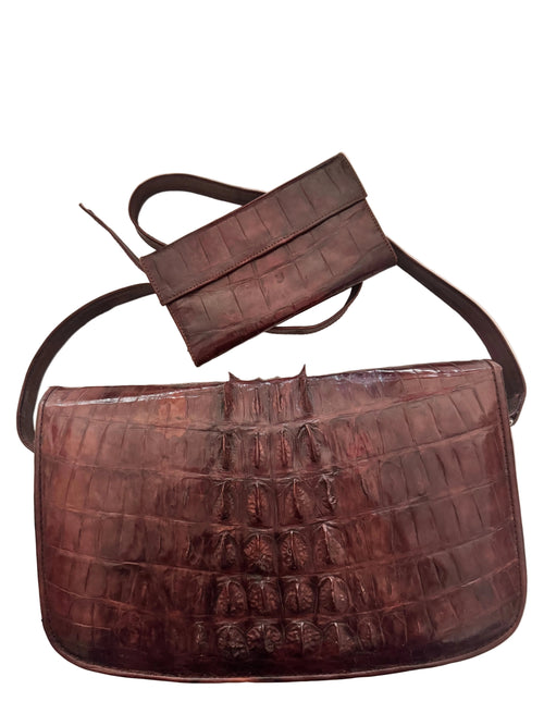 Rare Jumbo Genuine Hornback Crocodile Leather Shoulder Bag and Matching Pouch Set