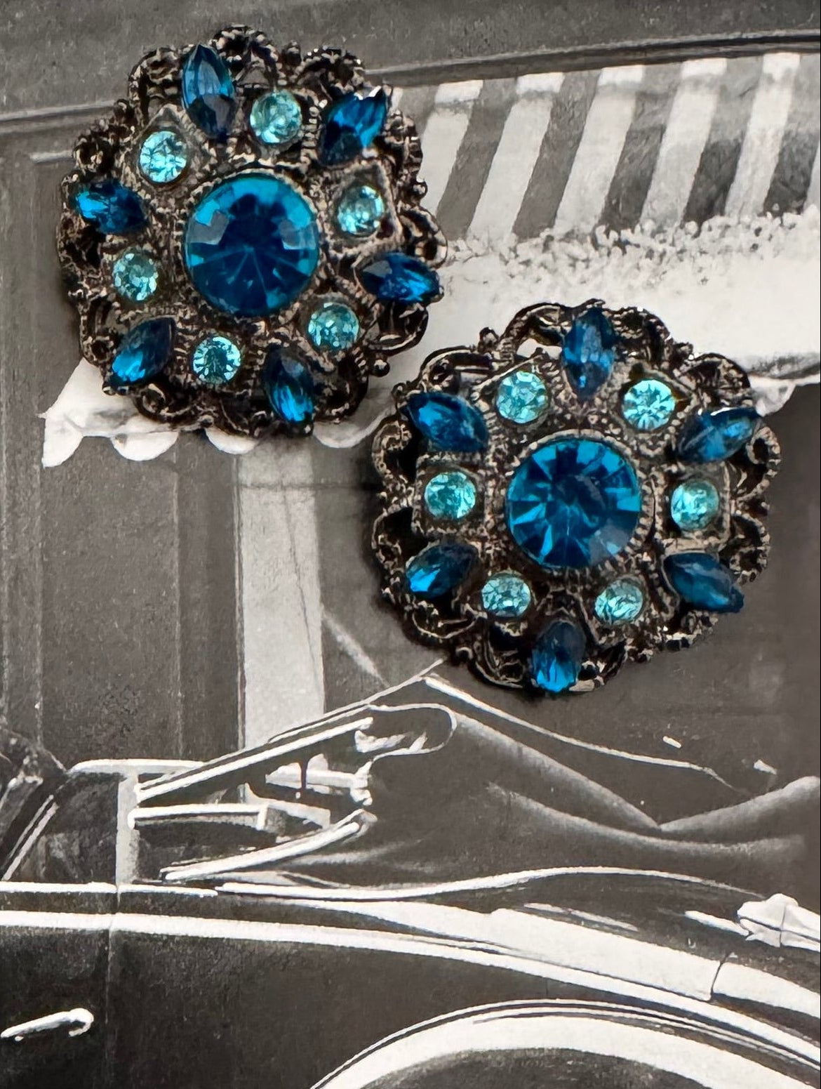 Vintage Victorian Revival Blue Rhinestone Earrings