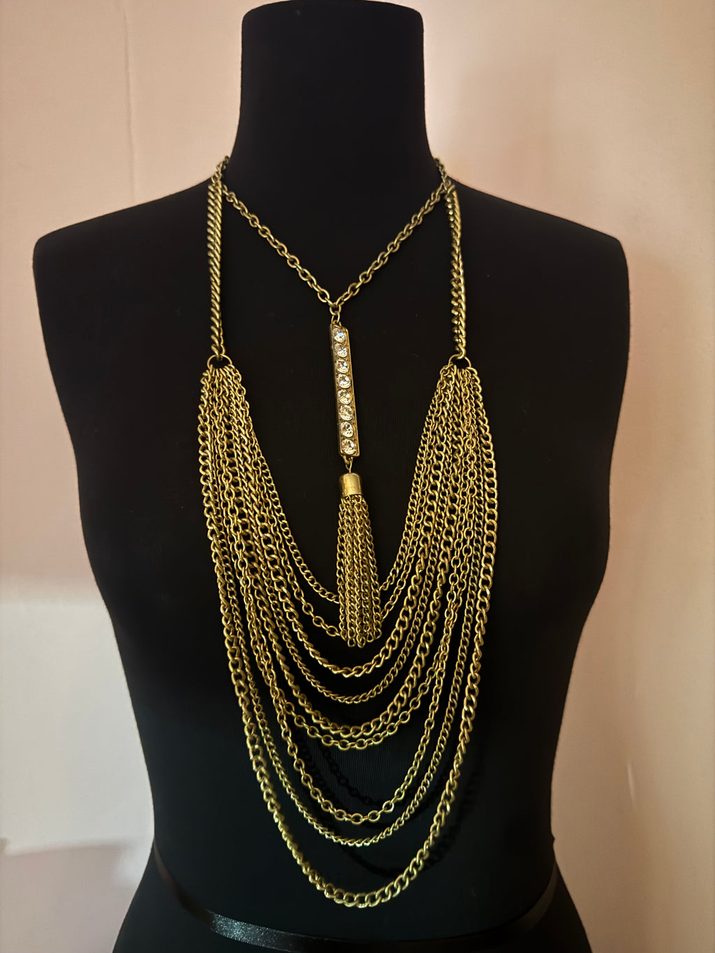 Vintage Gold Tone Multi Chain Tassel Statement Necklace