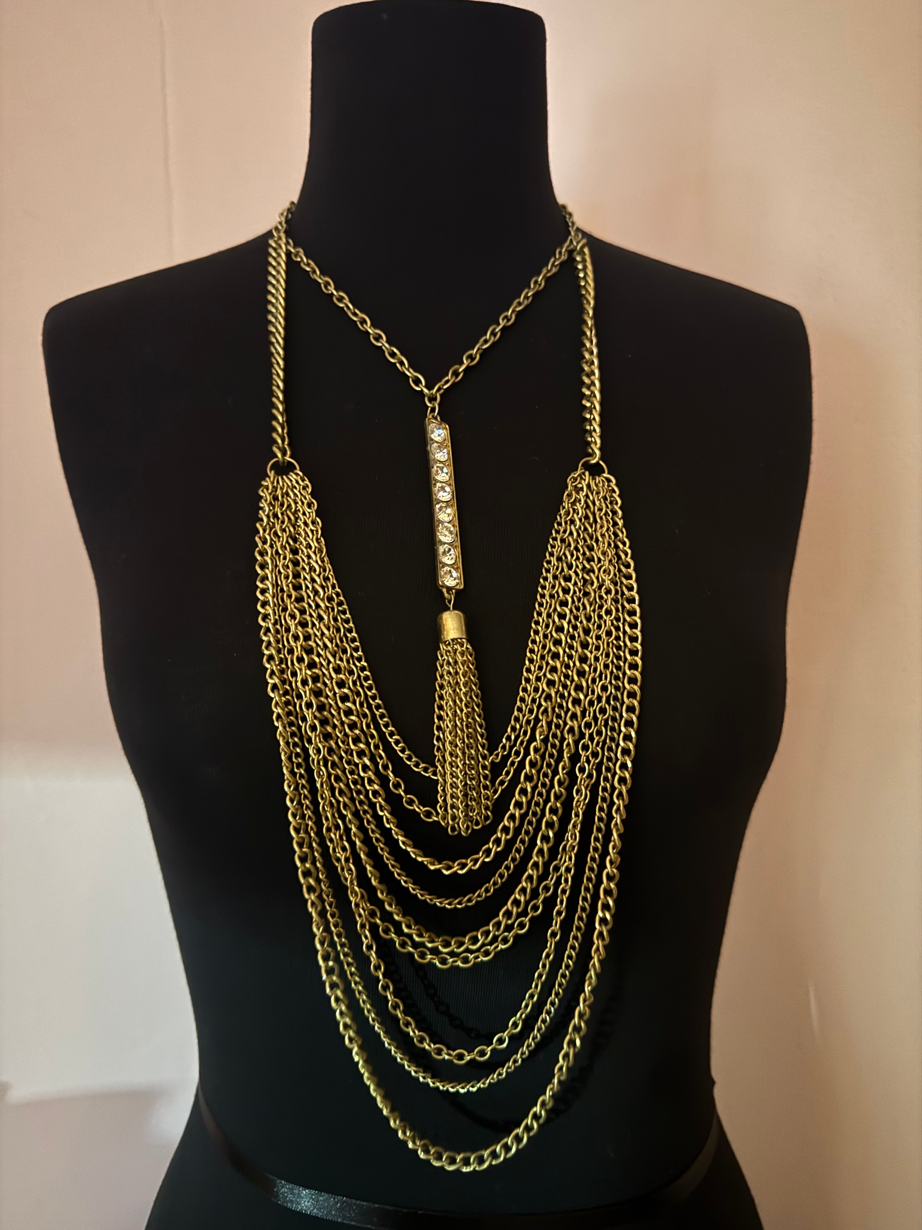 Vintage Gold Tone Multi Chain Tassel Statement Necklace
