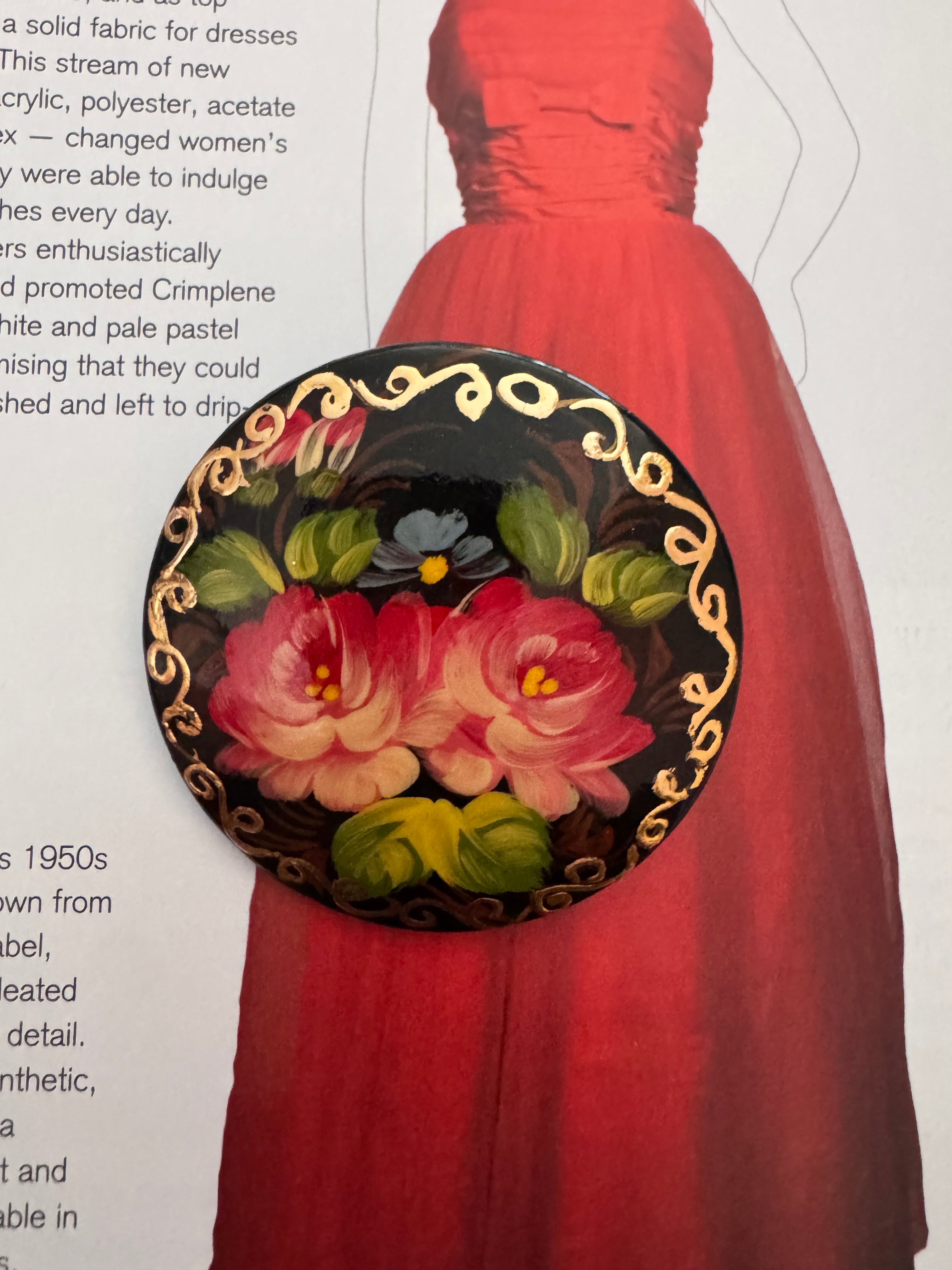 Vintage Hand-Painted Lacquer Floral Signed Brooch