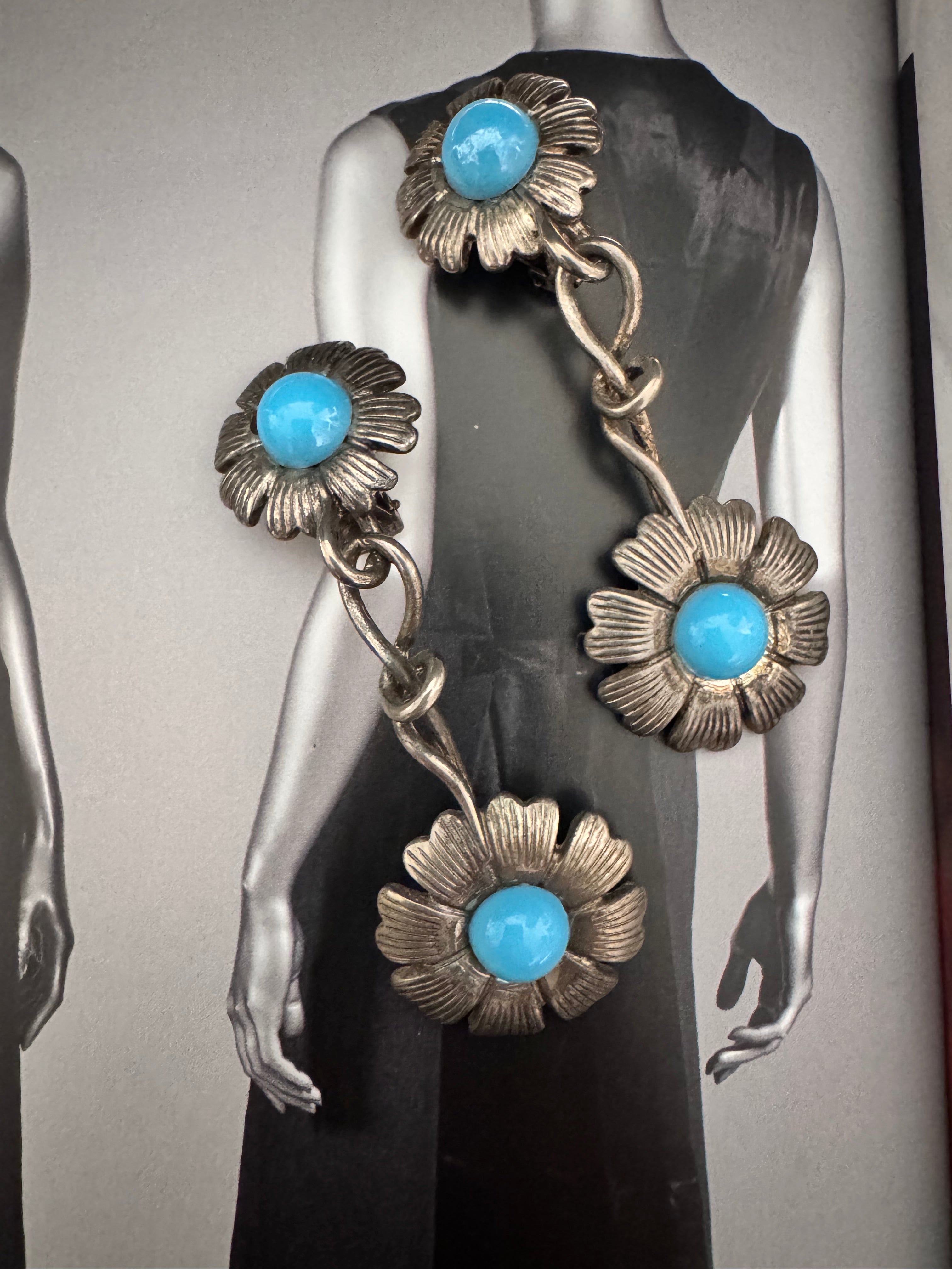 Vintage Retro Floral Turquoise Cabochon Earrings