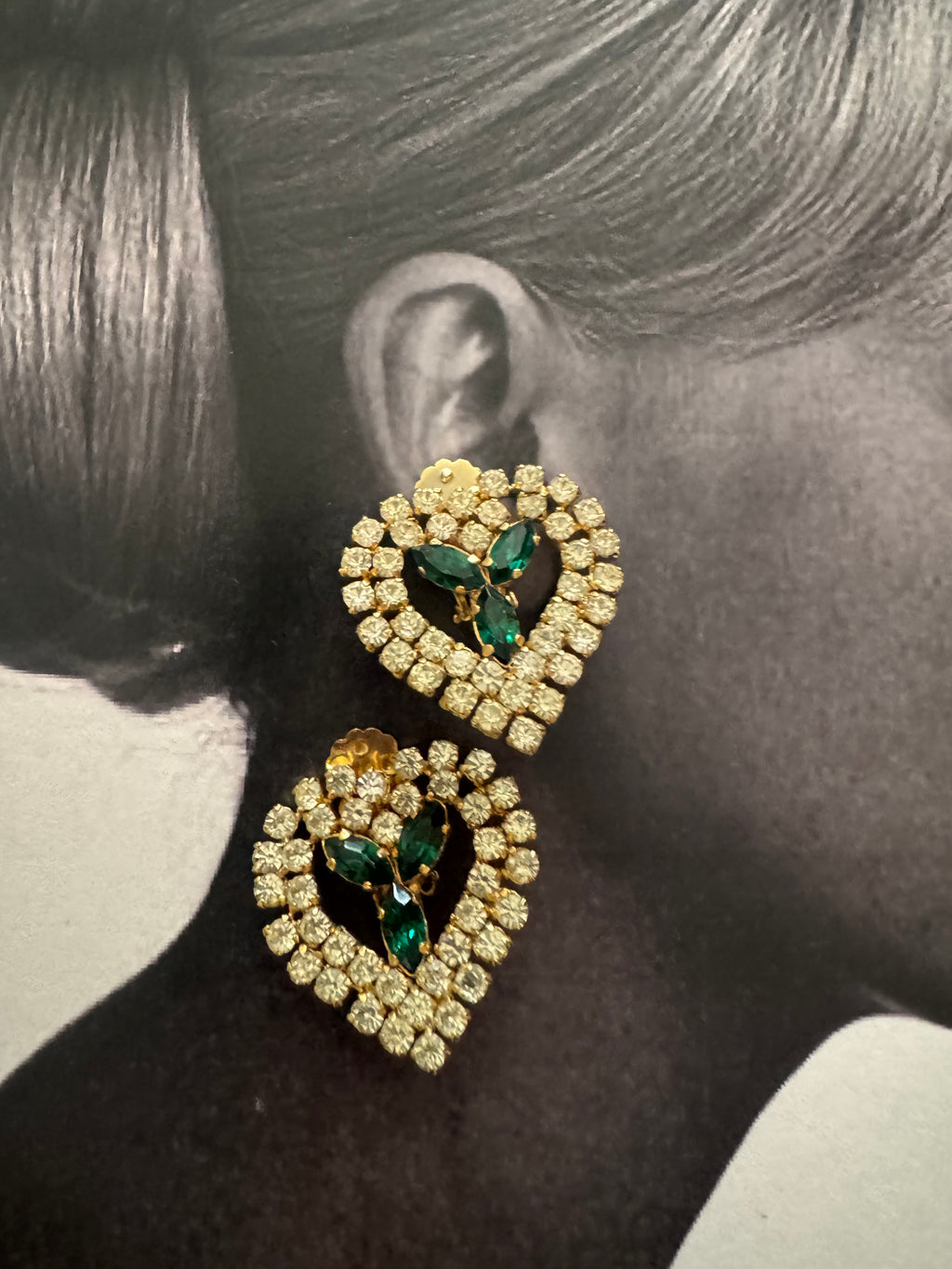 Vintage Rhinestone Heart Clip-On Statement Earrings