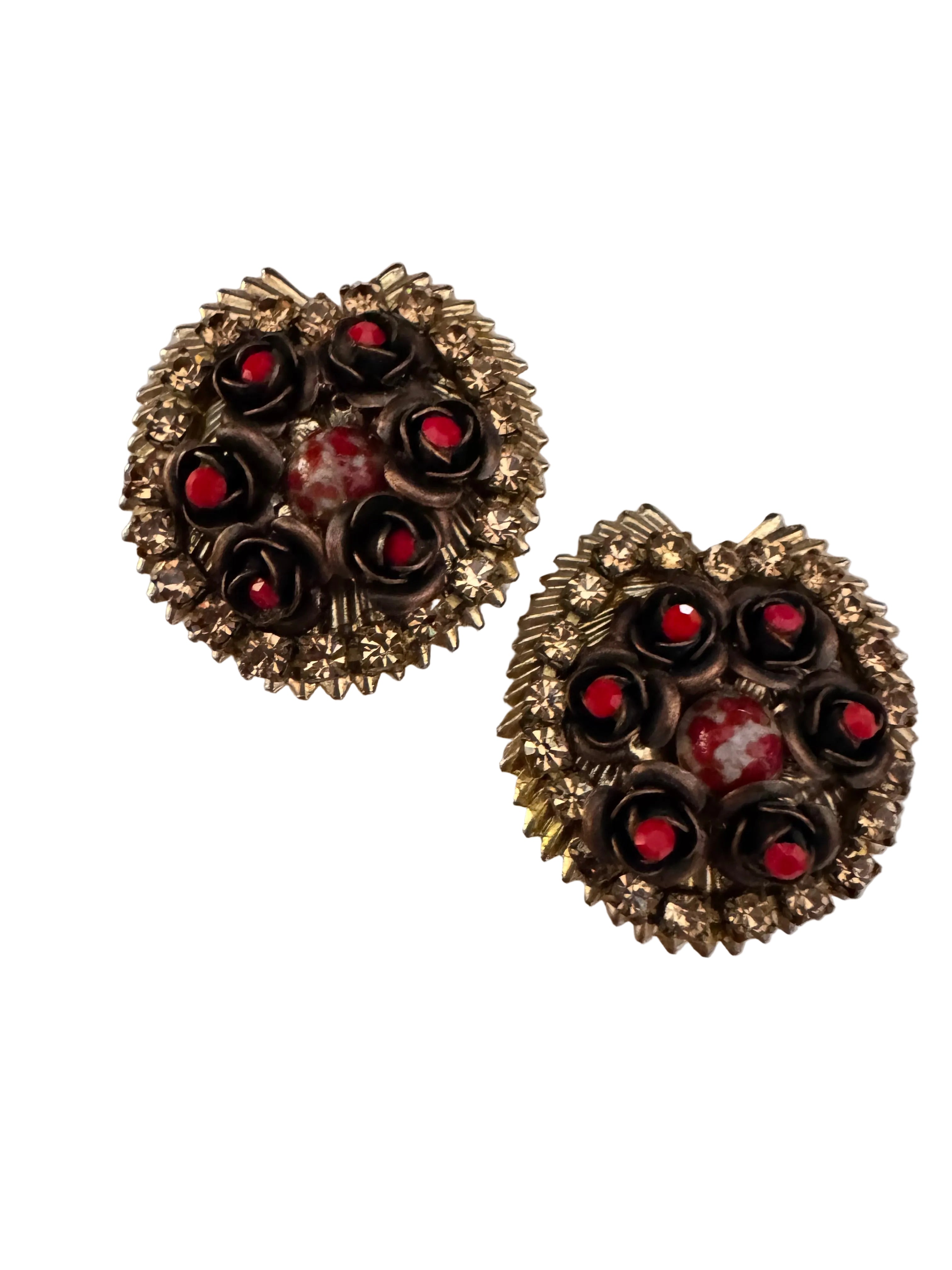 Vintage Golden Sunburst Red Rosette Earrings