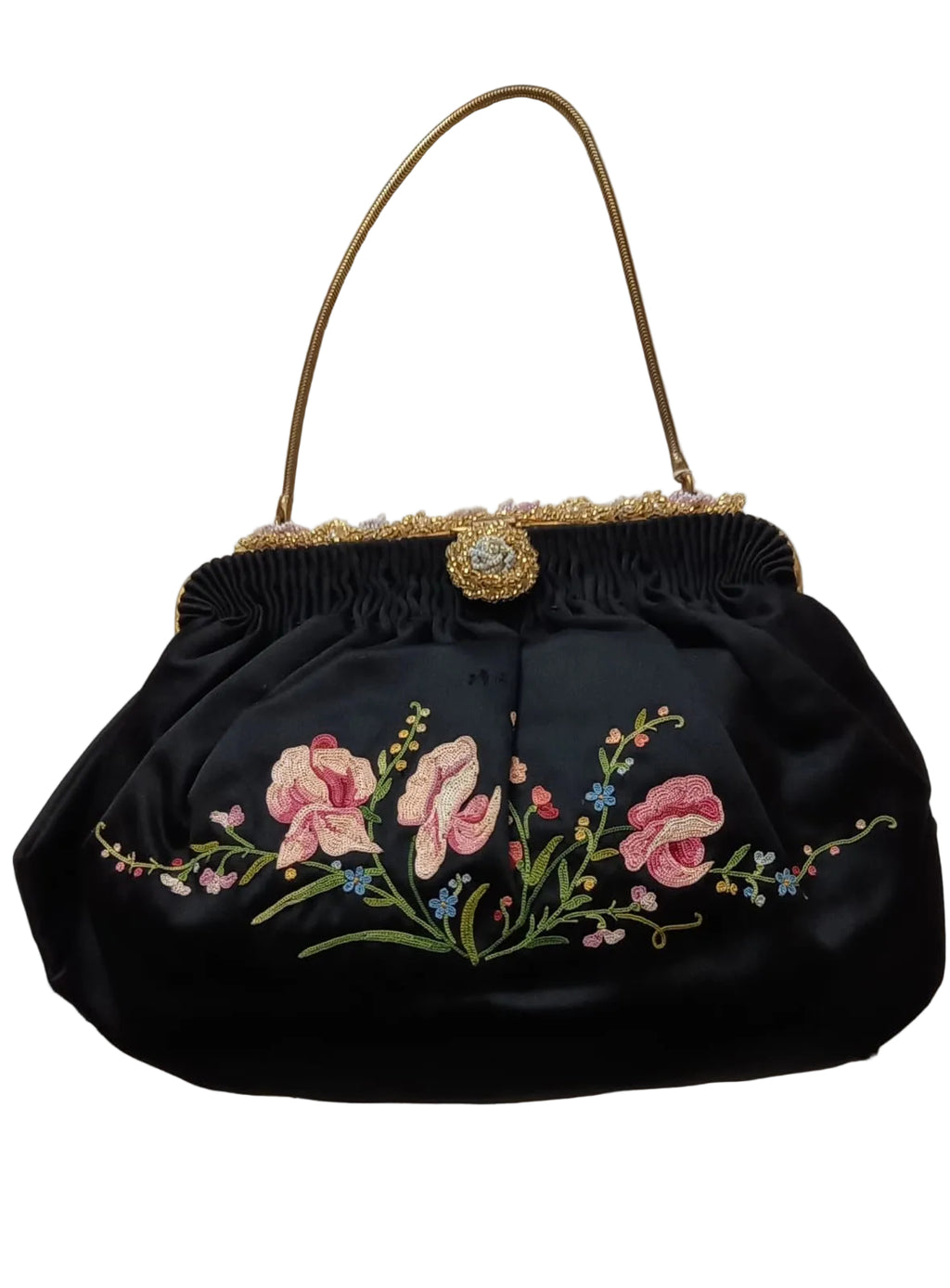 Vintage French Silk Satin Embroidered Evening Bag