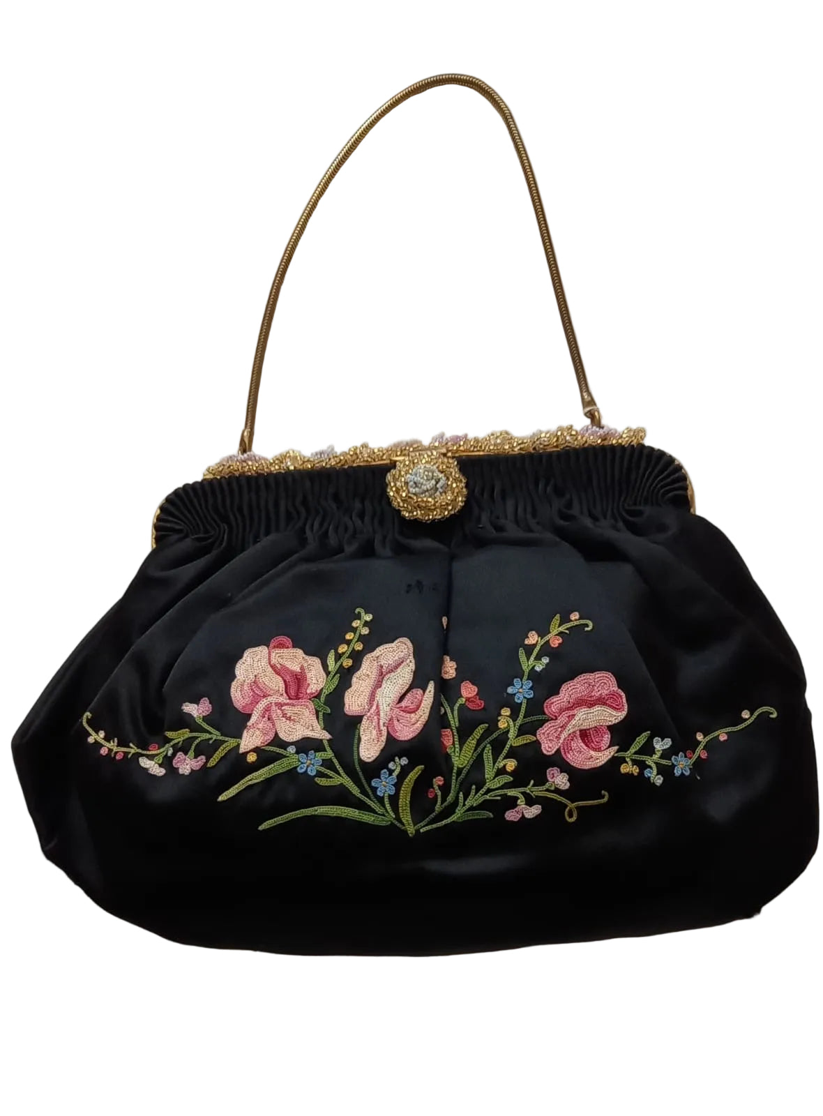 Vintage French Silk Satin Embroidered Evening Bag