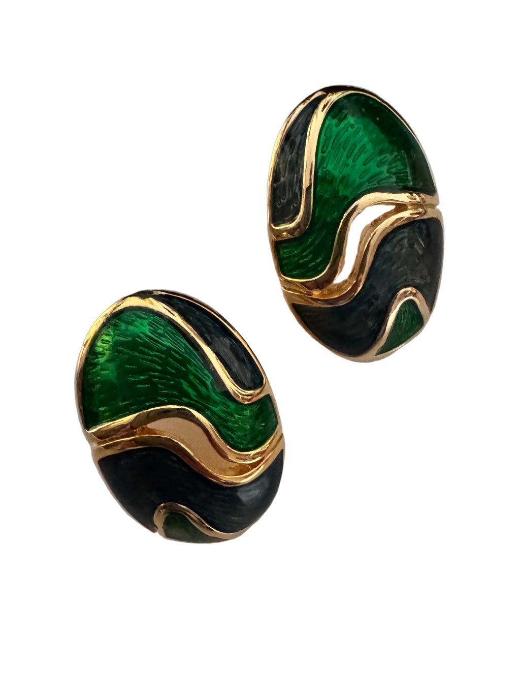 Vintage Green Enamel Abstract Clip Earrings