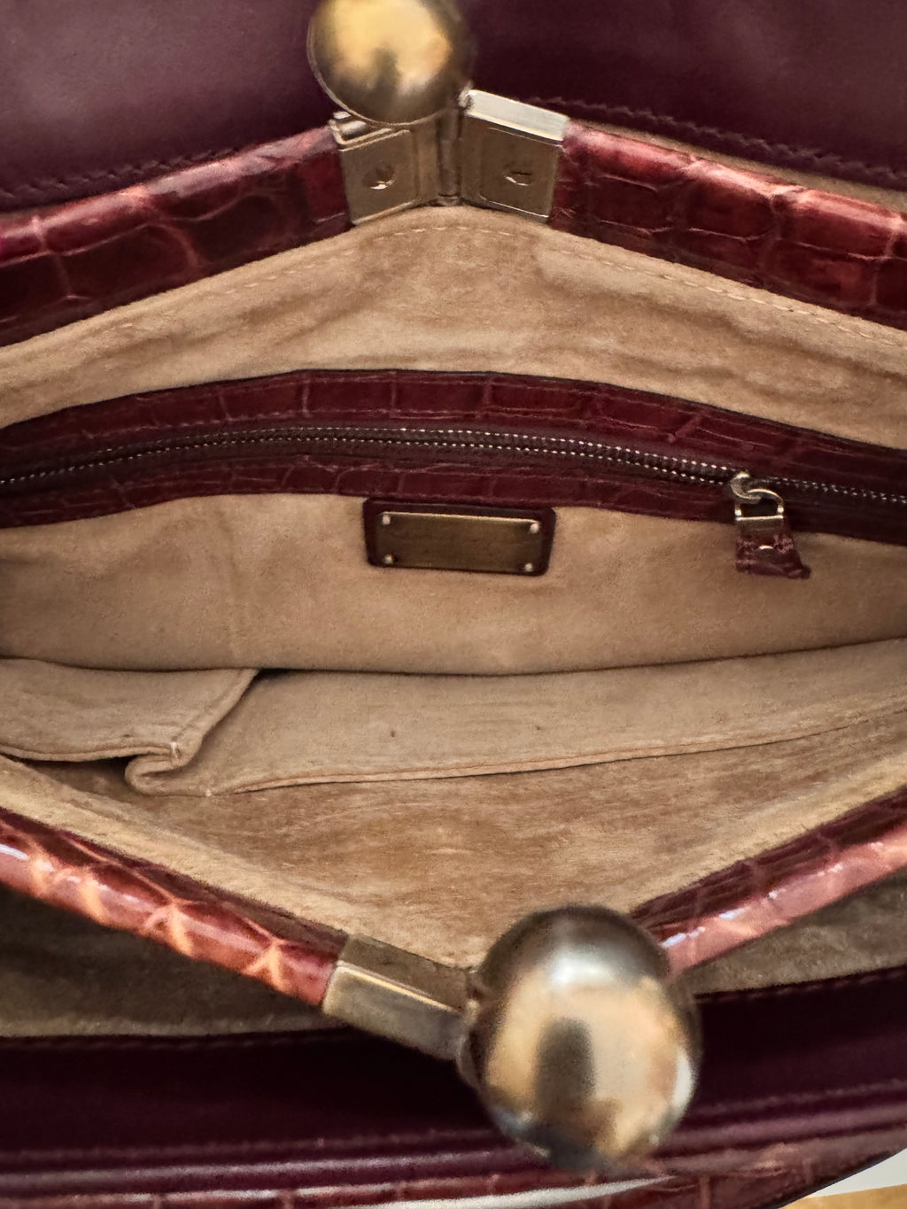 Salvatore Ferragamo Maroon Croc-Embossed Gancini Satchel